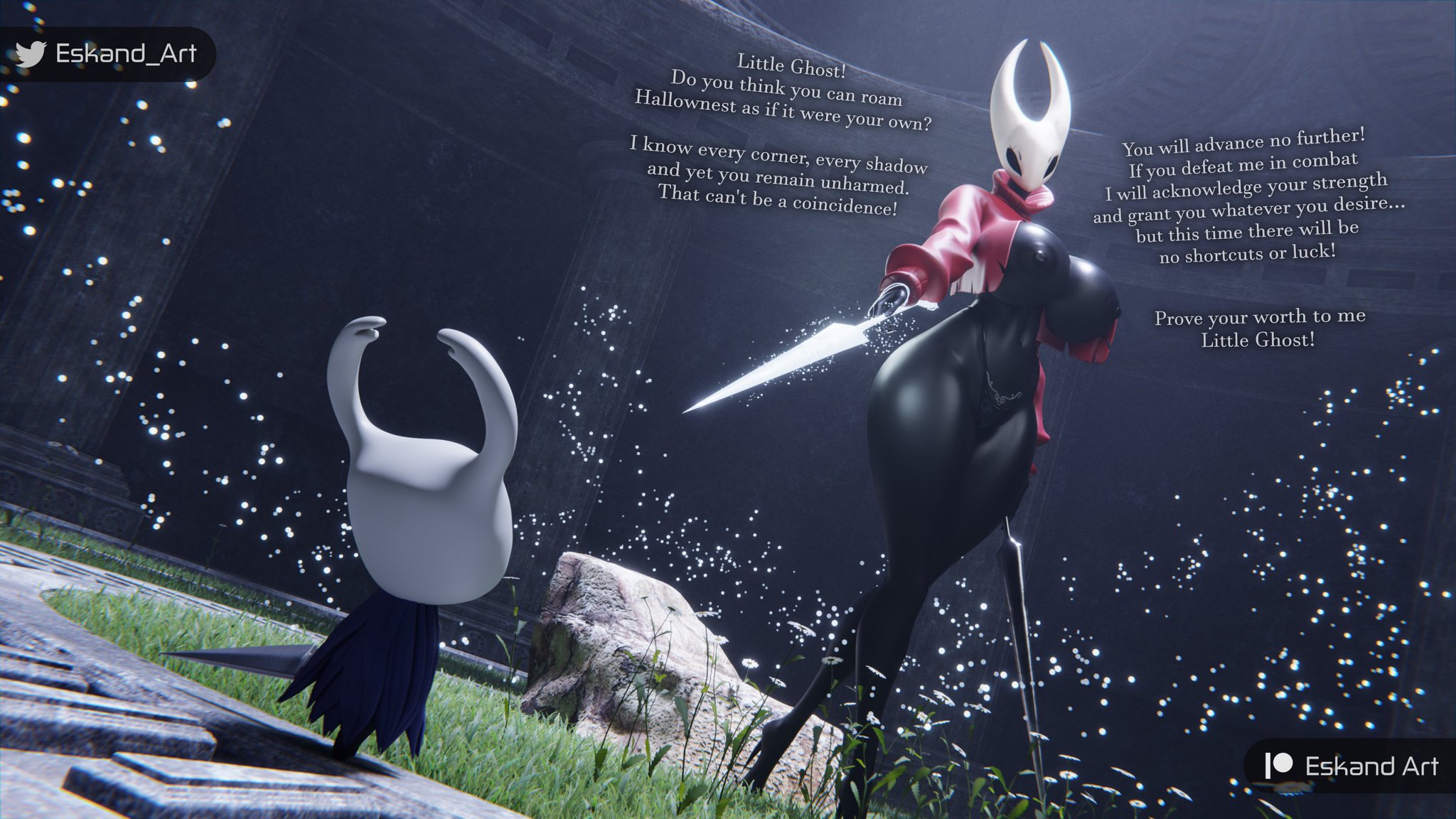 1girls, 3d, ambiguous gender, ambiguous sex, big ass, big breasts, big thighs, bigger female, black body, black skin, black-skinned female, breasts, curvaceous, curvy, curvy figure, digital media (artwork), eskandart, female, height difference, hips, hollow knight, hornet (hollow knight), hourglass figure, huge ass, huge breasts, huge thighs, humanoid, large ass, large breasts, large thighs, larger female, legs, mature, mature female, pitch-black skin, protagonist (hollow knight), size difference, slim waist, straight, tall female, taller female, the knight (hollow knight), thick, thick hips, thick legs, thick thighs, thighs, voluptuous, waist, wide hips, wide thighs