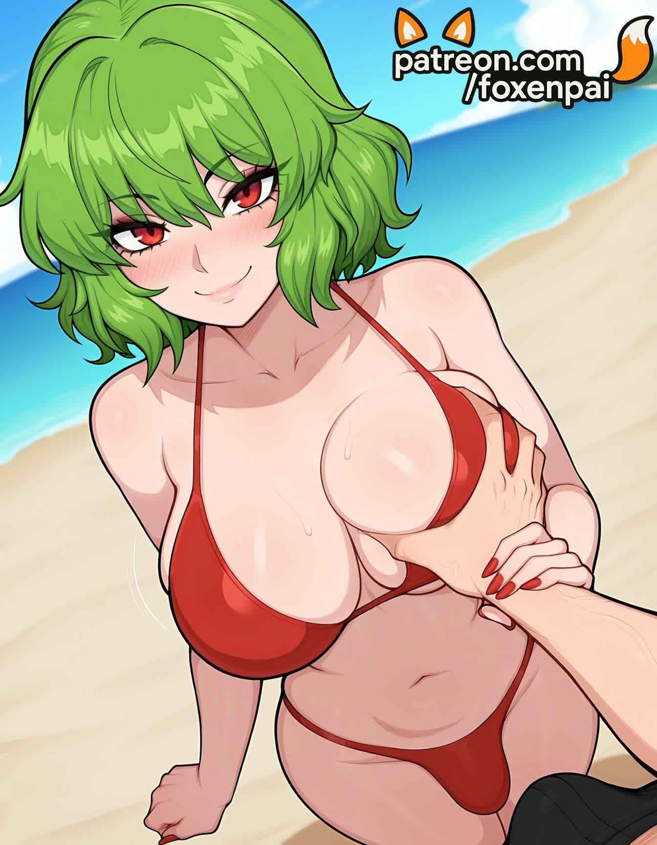 1futa, 2025, ai generated, artist name, beach, big breasts, big chest, bikini, blue sky, blush, breast grab, breasts, bulge, bust, busty, chest, day, eyebrows visible through hair, foxenpai, futanari, grabbing, green hair, guided breast grab, hair between eyes, hi res, high quality, high resolution, highres, intersex, large breasts, nail polish, navel, ocean, outdoors, patreon, patreon username, pov, red bikini, red eyes, red nails, sand, short hair, sky, smile, stable diffusion, swimsuit, touhou, watermark, yuuka kazami