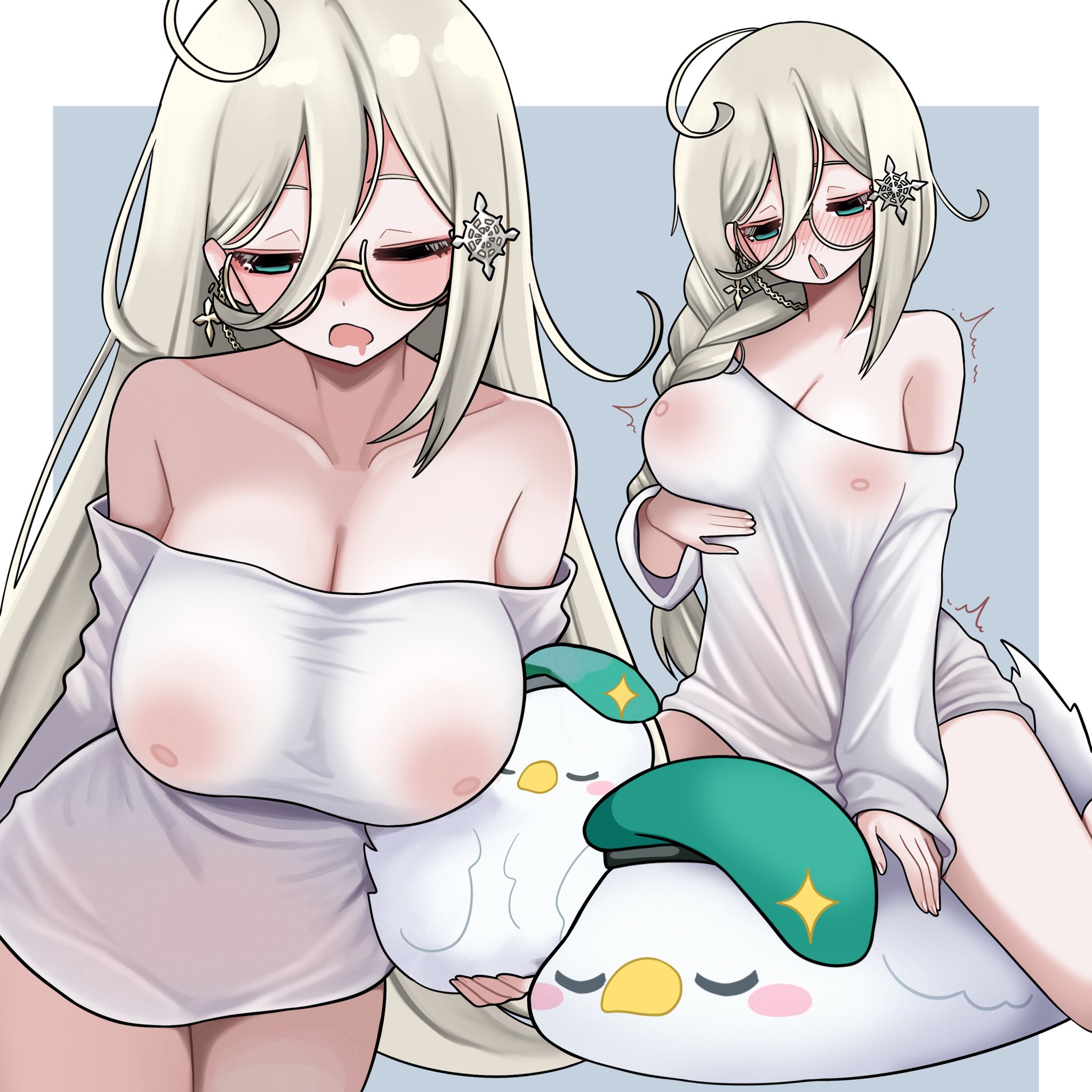 aia amare, aroused, artist request, breast lift, breasts, covered nipples, female, full-face blush, holding plushie, horny, horny female, huge breasts, humping, in heat, indie virtual youtuber, naked shirt, nijisanji, nijisanji en, nipple bulge, nipples visible through clothing, skeb commission, sleepy, thick thighs, virtual youtuber, wide hips