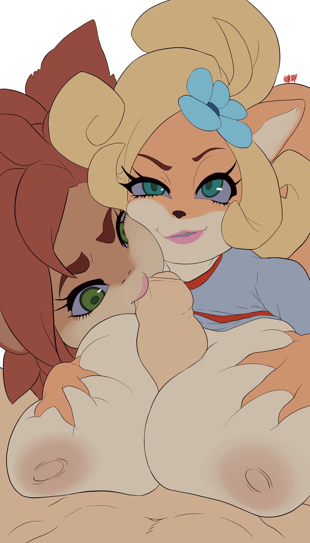 2021, 2girls, activision, anthro, between breasts, big penis, boobjob, breasts, coco bandicoot, crash (series), crossover, elora, female, green eyes, huge breasts, human on anthro, male, nipples, noblood, paizuri, penis, shirt, spyro the dragon