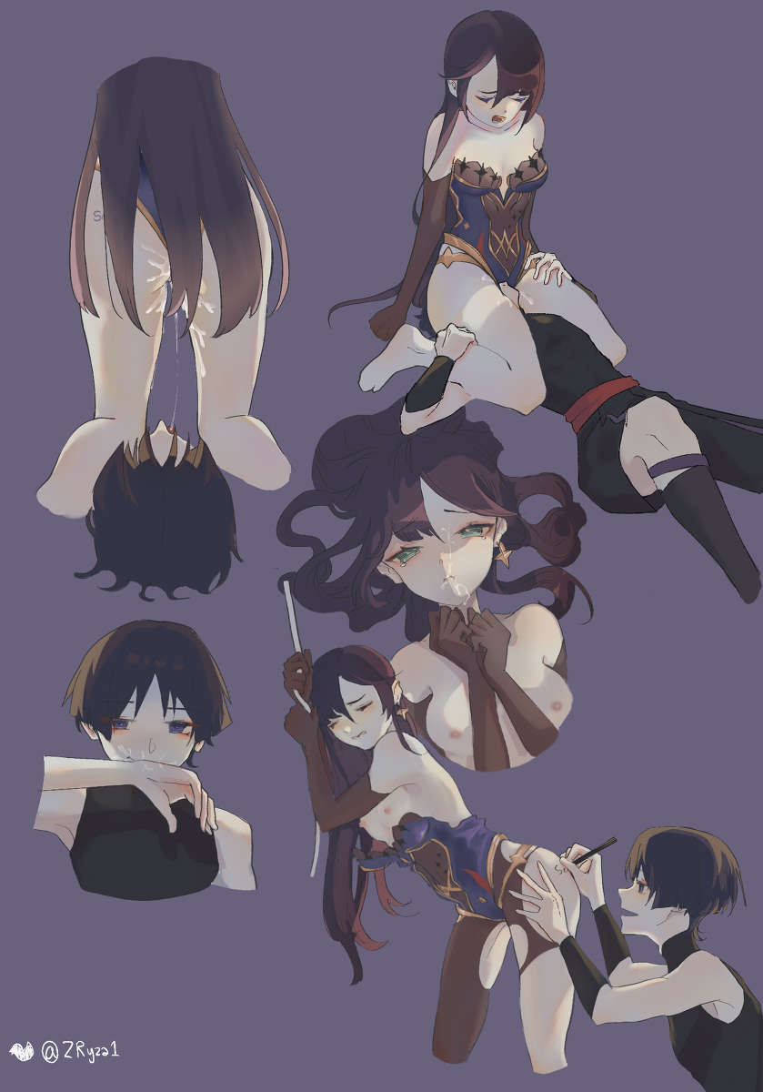 1boy, 1girls, ass, breasts, cum, cum in pussy, cum inside, cunnilingus, eating out, eating pussy, facesitting, female, genshin impact, male, mona (genshin impact), pussy, scaramouche (genshin impact), sitting on face, small breasts, zryza1