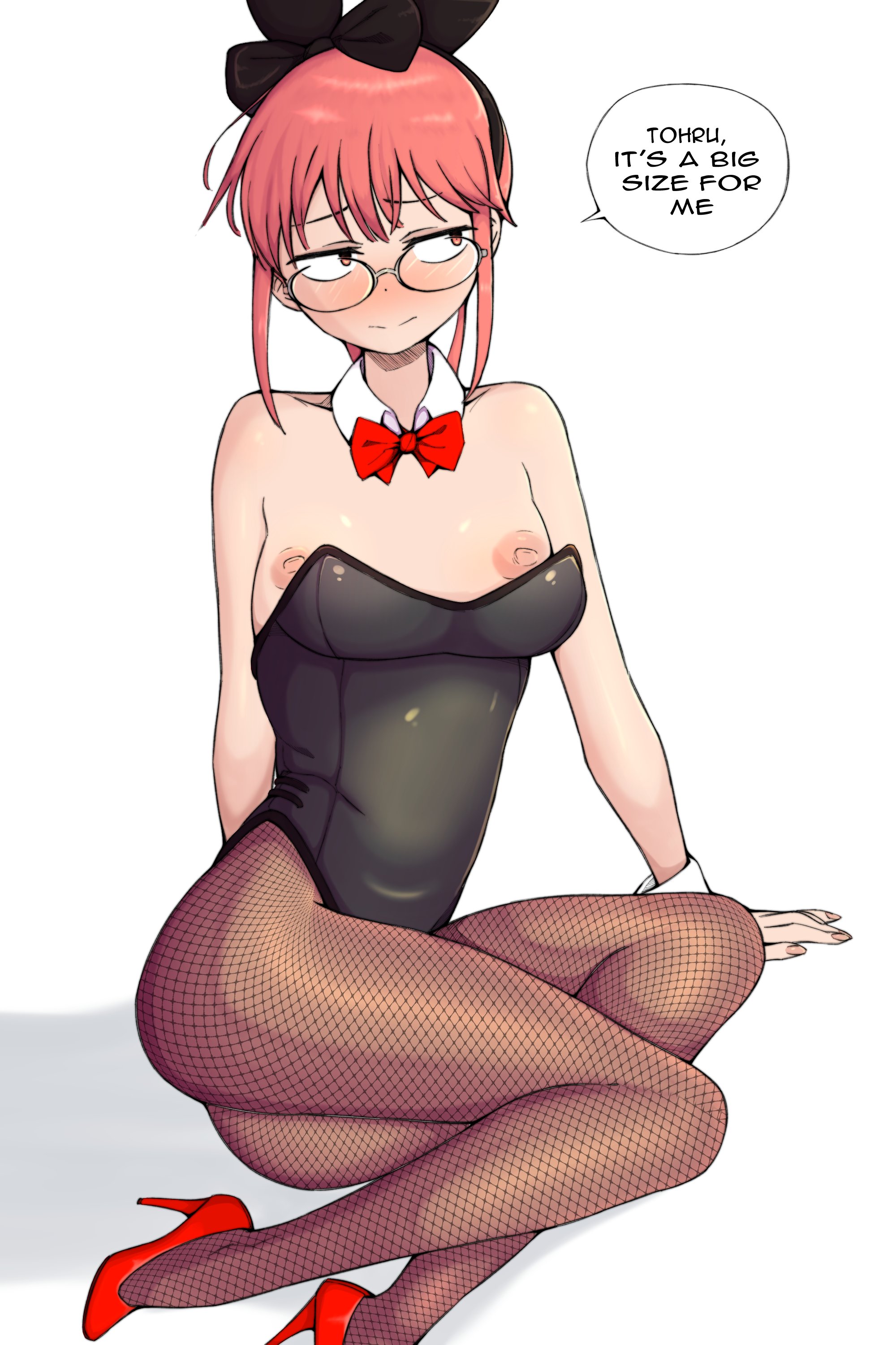 1girls, big nipples, blush, breasts, bunny ears, bunnysuit, eyebrows visible through hair, female, fishnet pantyhose, glasses, hair ribbon, heels, high heels, kobayashi, large areolae, lingerie, looking at partner, looking away, megane, miss kobayashi's dragon maid, nervous, red eyes, red hair, red high heels, ribbon, shy, simple background, small breasts, uncensored, white background