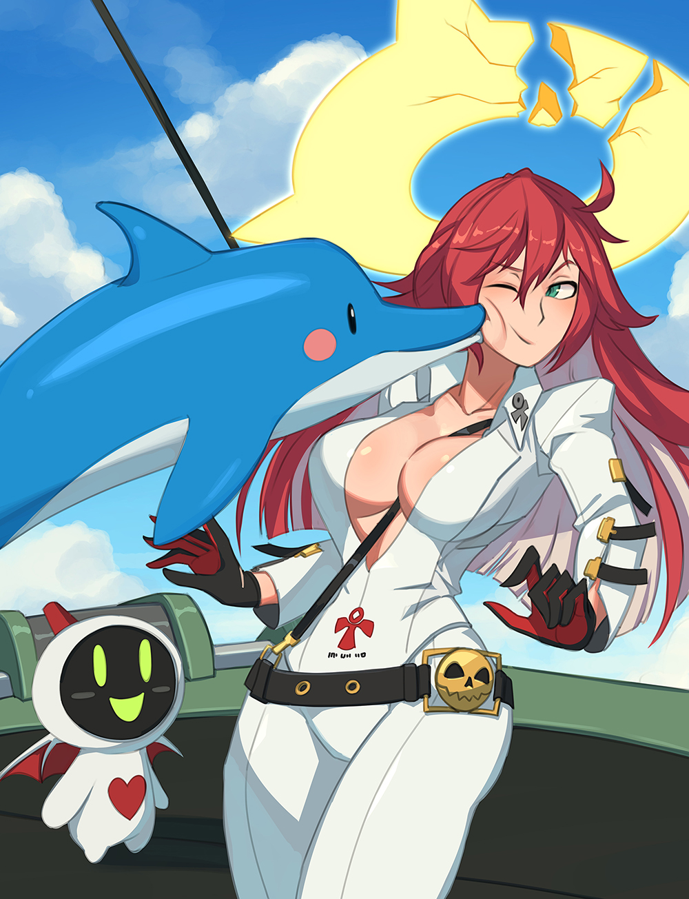 1girls, 2021, barleyshake, breasts, cleavage, commission, cute, dolphin, female, female focus, guilty gear, jack-o' valentine, red hair, tagme, thick, thick thighs, wholesome