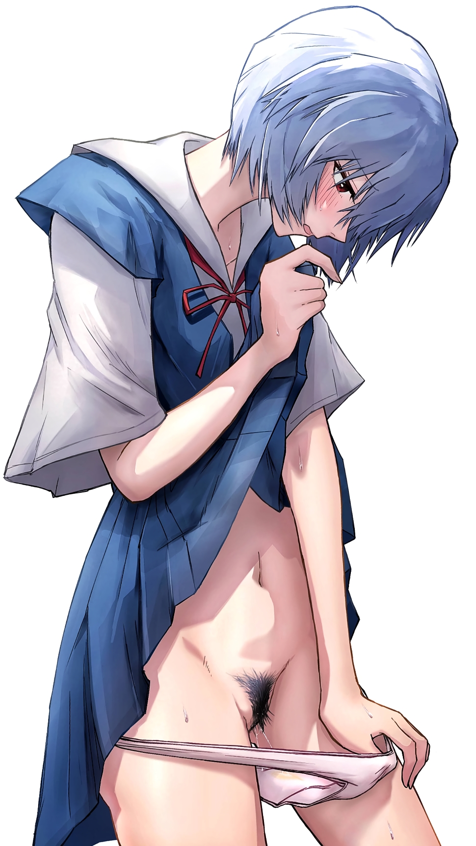 1girls blue_hair blush breasts clothing female female_only hairy_pussy human irohasu lifting_skirt neon_genesis_evangelion pale-skinned_female pale_skin panties panty_pull pubic_hair pussy pussy_juice red_eyes rei_ayanami school_uniform short_hair simple_background solo solo_female stained_panties unshaved_pussy wet_panties wet_pussy white_background