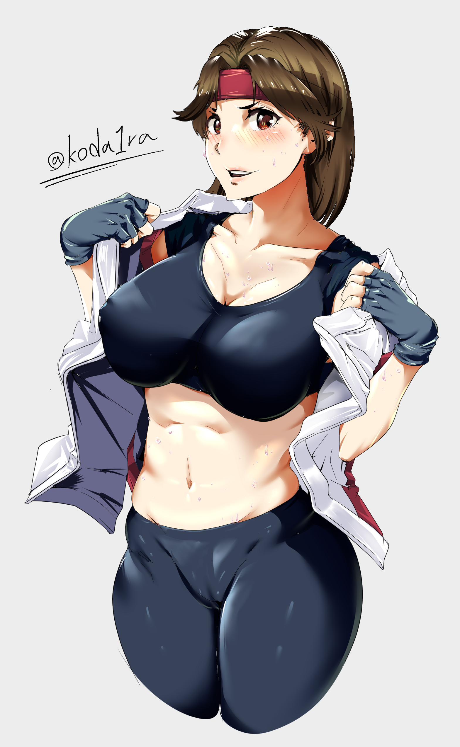 1girls, after workout, art of fighting, big breasts, blush, breasts, female, king of fighters, koda1ra, large breasts, looking at viewer, nipple bulge, nipples visible through clothing, snk, solo, sweat, sweaty, tagme, yuri sakazaki