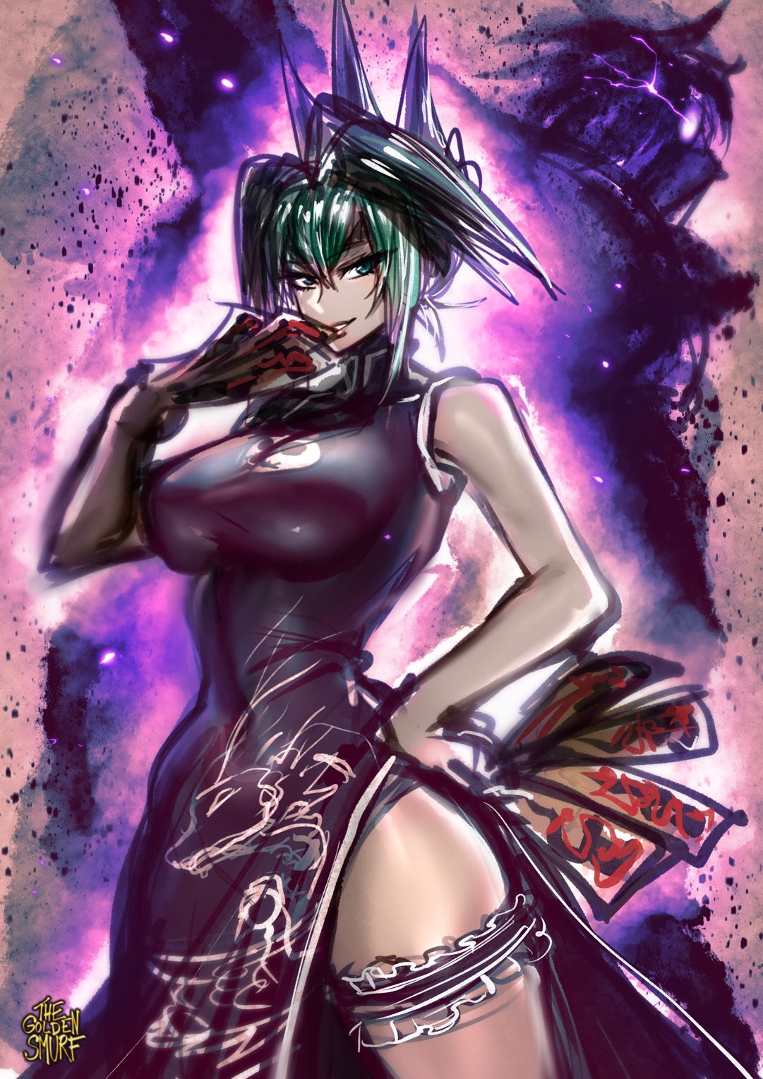 1girls chinese_clothes clothing dress female female_only finger_to_mouth green_eyes green_hair hi_res looking_at_viewer shaman_king solo solo_female spiky_hair stockings tao_jun thegoldensmurf thick_thighs