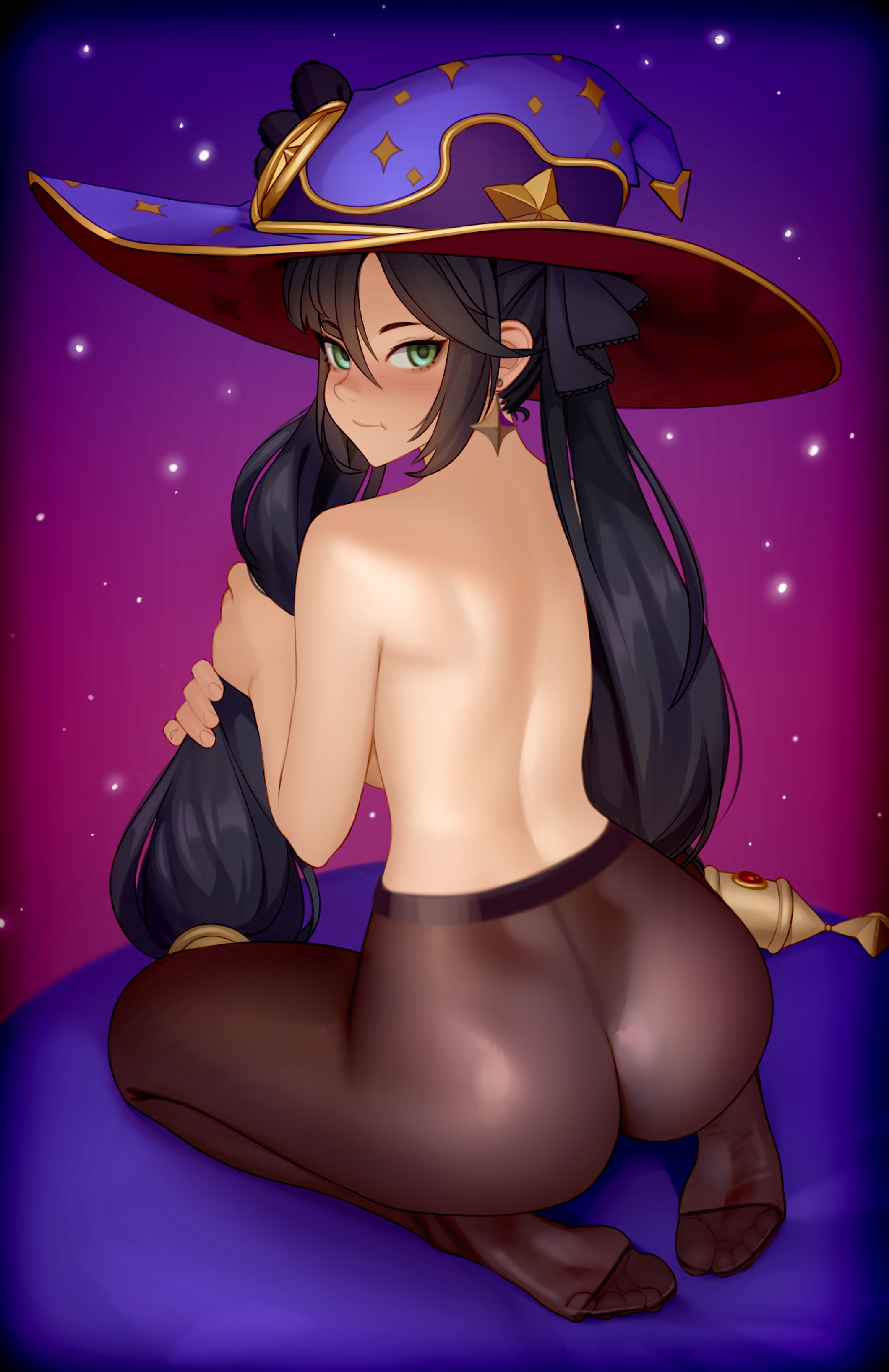 1girls, ass, big ass, blush, feet, feet in stockings, feet visible through clothing, female, female only, genshin impact, kairuhentai, kairunoburogu, looking at viewer, looking back, mona (genshin impact), pantyhose, solo, toes