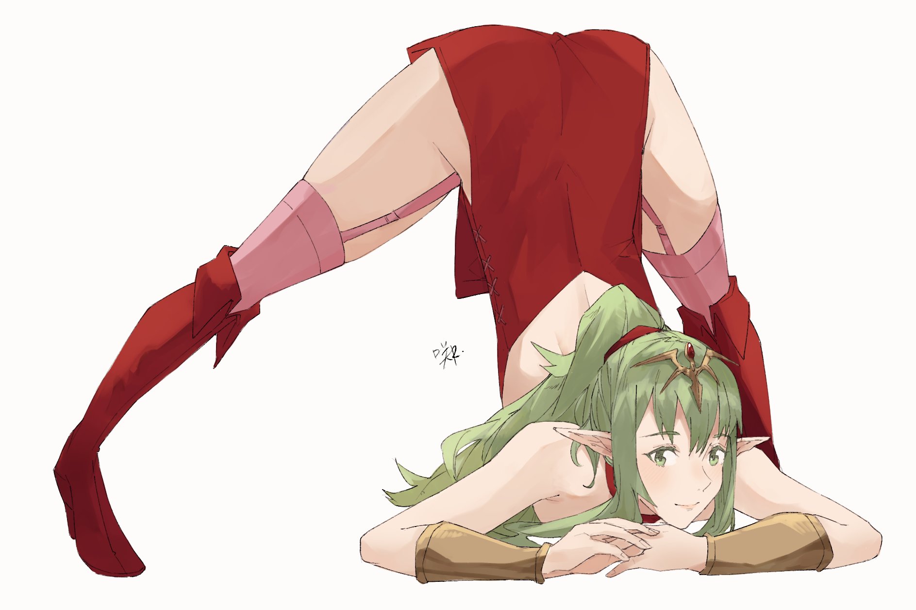 1girls, armpit crease, ass, ass up, back, bare arms, bare shoulders, blush, boots, bracer, commentary, dress, eyebrows visible through hair, face down ass up, female, fire emblem, fire emblem awakening, fold-over boots, full body, garter straps, gloves, green eyes, green hair, hair ribbon, highres, jack-o pose, jewelry, light green hair, long hair, looking at viewer, manakete, meme, nintendo, pink legwear, pointy ears, ponytail, red dress, red footwear, ribbon, sakuremi, short dress, side slit, sidelocks, signature, simple background, smile, solo, spread legs, strapless, strapless dress, thigh boots, thighhighs, thighs, tiki (fire emblem), tiki (fire emblem) (adult), top-down bottom-up