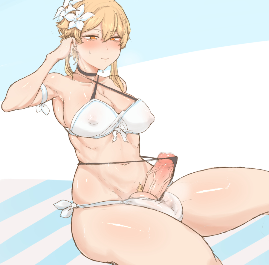 1futa, armpits, balls, balls squish, big balls, big breasts, big penis, bikini, blonde hair, blush, breasts, censored, clothed, clothing, flower in hair, futa only, futanari, genshin impact, hair ornament, human, intersex, large balls, large testicles, light skin, light-skinned futa, lumine (genshin impact), masso nullbuilt, mostly nude, nipple bulge, pale skin, penis, sitting, solo, testicles, thick thighs, thighs, veiny penis