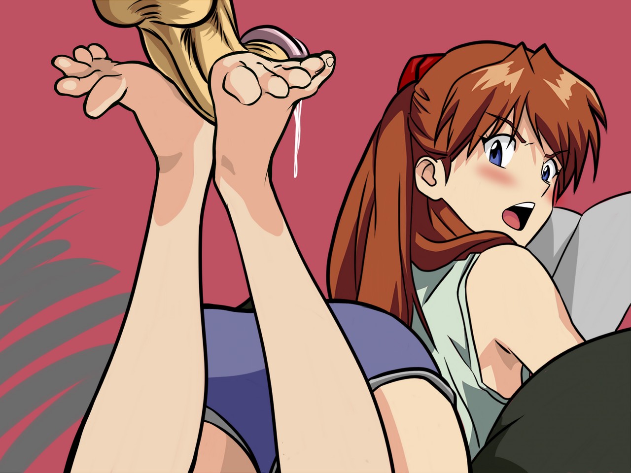 1boy, asuka langley sohryu, blush, book, clothed, clothing, cum, female, footjob, male, neon genesis evangelion, precum, shorts, straight