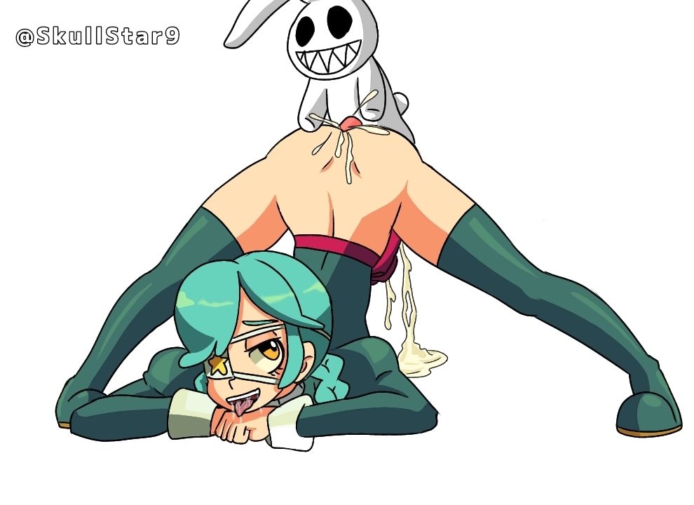 annie_(skullgirls) ass cum cum_in_pussy cum_inside ejaculation eyepatch from_behind green_hair green_thigh_boots jack-o_pose plushophilia sagan_(skullgirls) skullgirls skullstar9 stockings stuffed_animal thigh_boots tongue_out twin_braids yellow_eyes