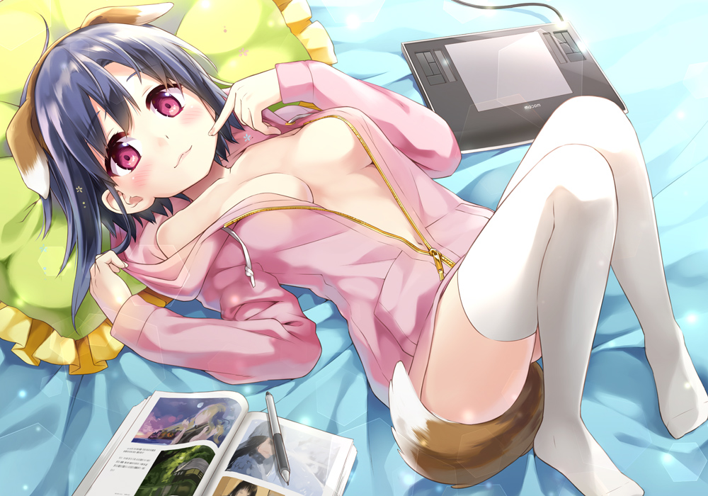 1girls :3 animal_ears bed_sheet blue_hair blush bokutachi_no_remake book bow breasts commentary_request dog_ears dog_tail eretto eyebrows_visible_through_hair fake_animal_ears finger_to_face frilled_pillow frills hairbow hood hoodie looking_at_viewer lying medium_breasts naked_hoodie on_back open_book open_clothes open_hoodie partially_unzipped petite pillow pink_eyes pink_hoodie shino_aki solo stylus tablet tail thighhighs white_legwear