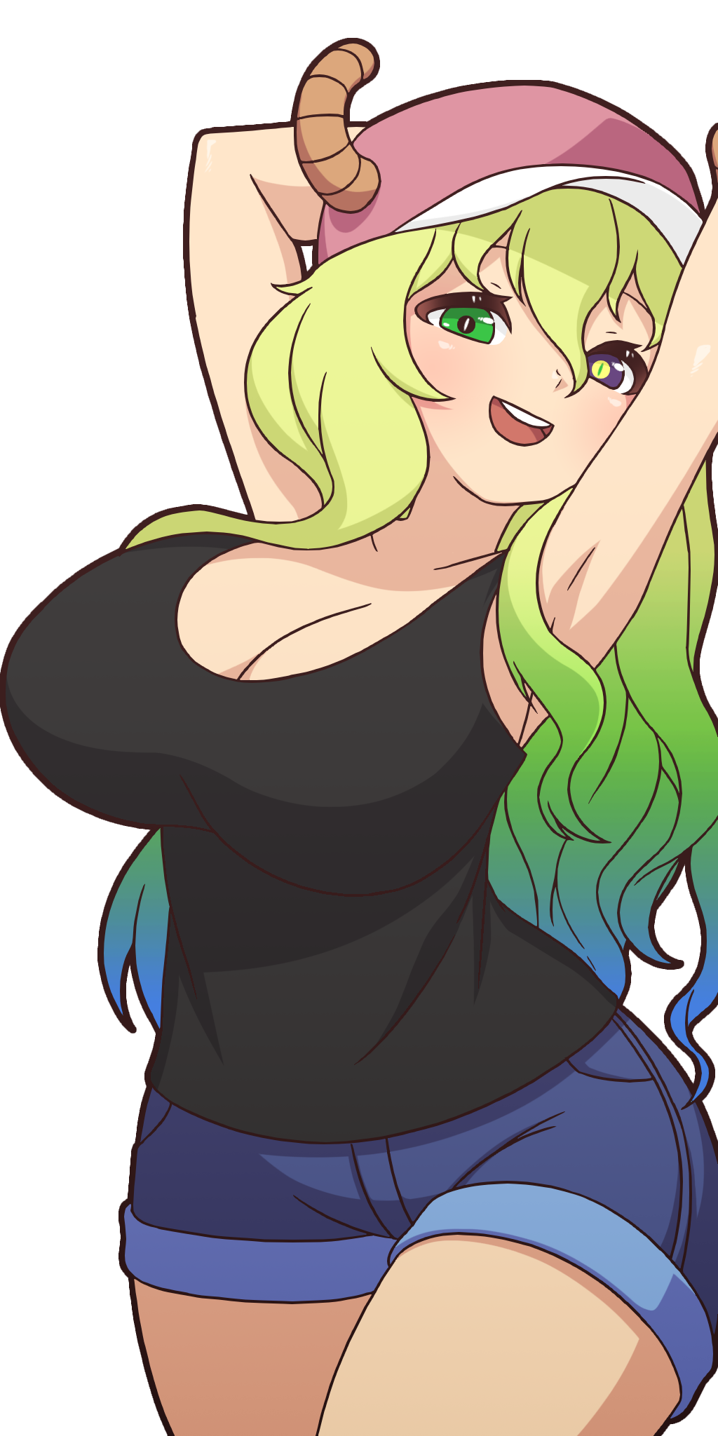 1girls, arms behind head, big breasts, black tank top, blonde hair, blue hair, breasts, cleavage, clothing, color, colored, dragon, dragon girl, female, female only, green hair, hair between eyes, hat, heterochromia, horns, looking at viewer, manyakis, miss kobayashi's dragon maid, multicolored hair, open smile, quetzalcoatl (dragon maid), shorts, solo, tagme, tank top, transparent background