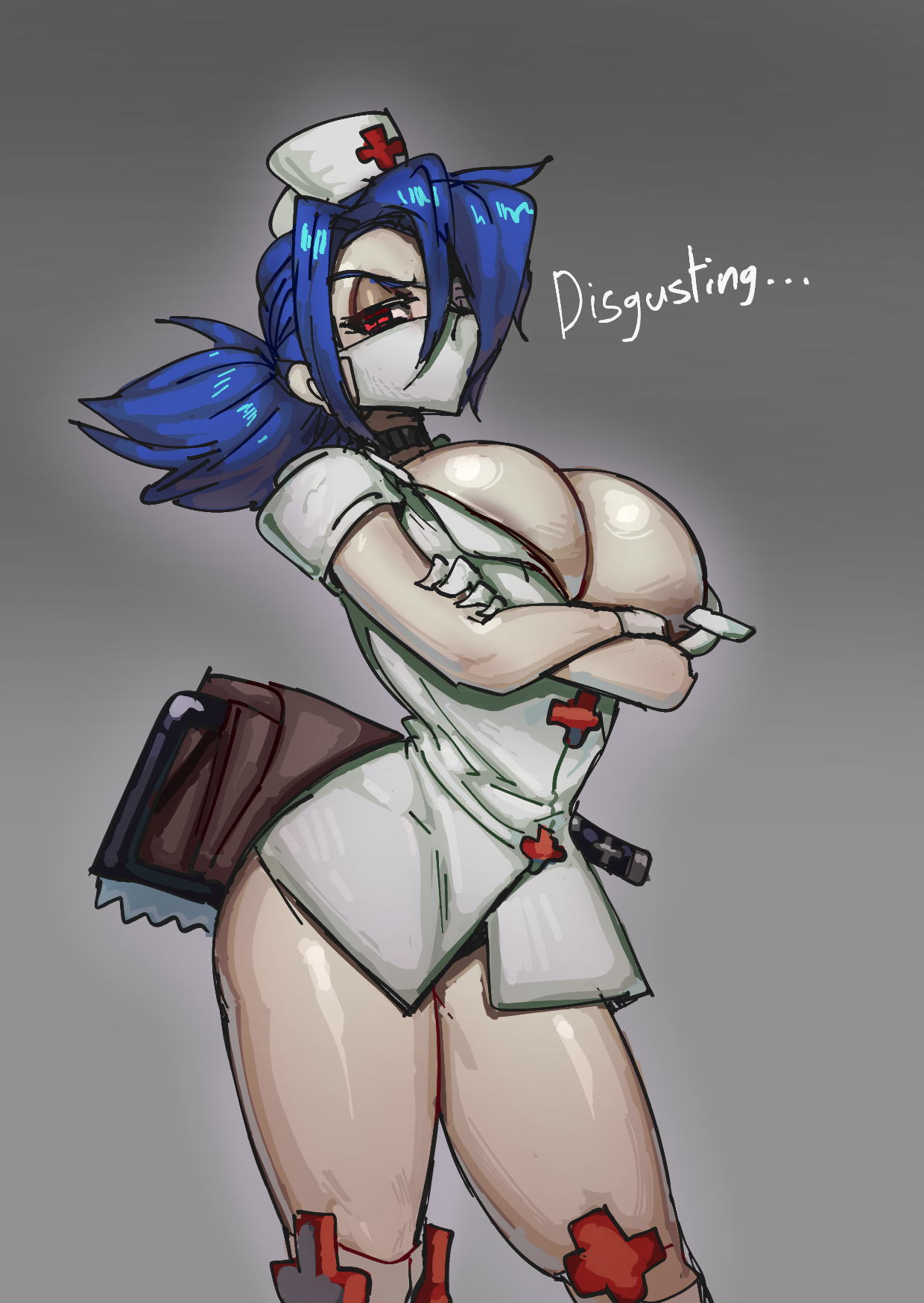 1girls, areola slip, bare legs, bathsalts1, big breasts, blue hair, breasts, cleavage, female, huge breasts, large breasts, nurse, red eyes, skullgirls, solo, solo female, tagme, talking to viewer, thick thighs, valentine (skullgirls)