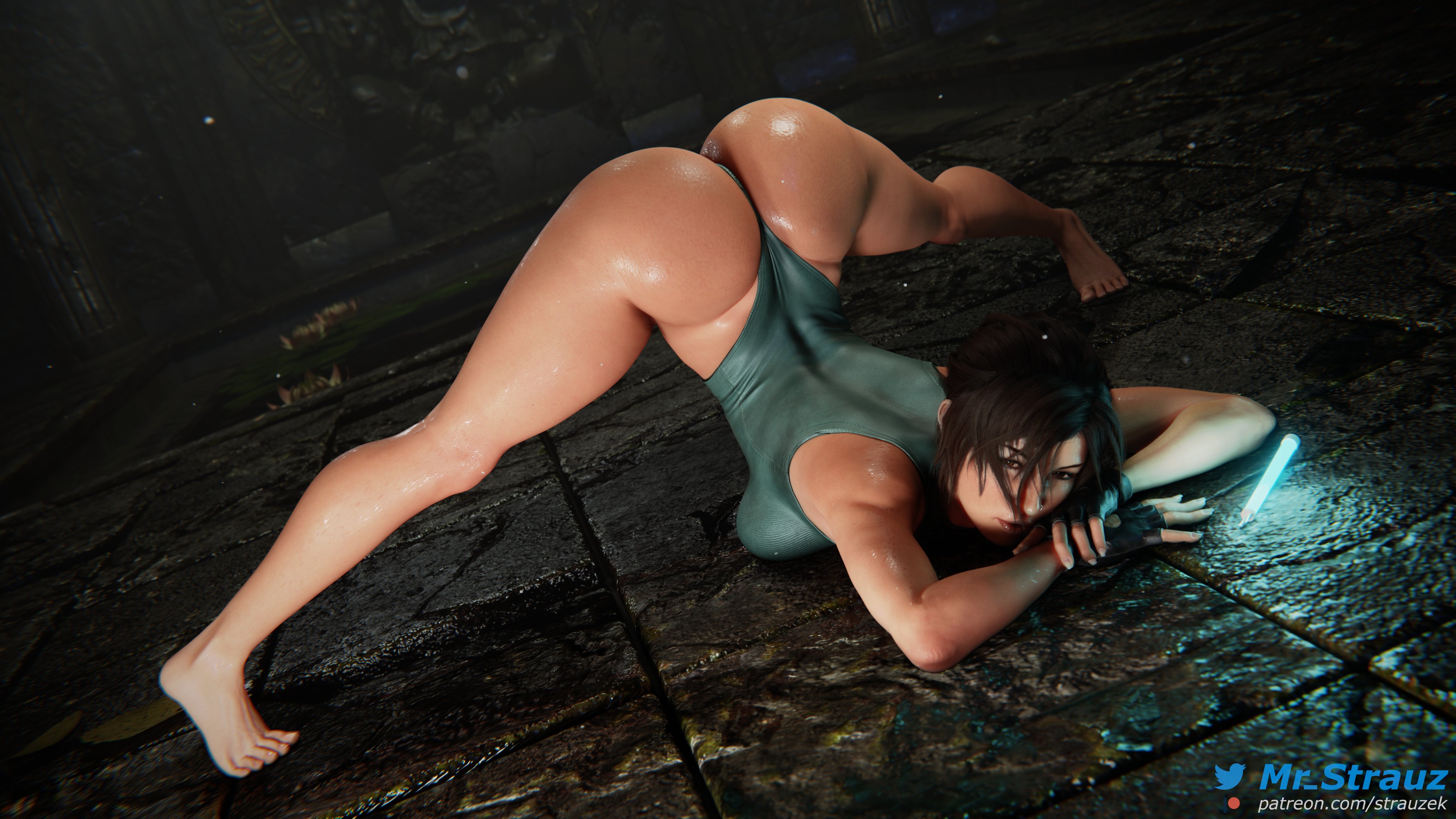 1girls, 3d, ass, ass up, barefoot, big ass, blender, breast press, breasts, brown eyes, brown hair, bubble ass, bubble butt, busty, clothed, female, female only, fingerless gloves, gloves, head down ass up, highres, jack-o pose, jackochallenge, lara croft, lara croft (survivor), large ass, large breasts, leotard, looking at viewer, mascara, mascara smear, nose piercing, on ground, outside, parted lips, pose, posing, shiny skin, sideboob, solo, strauzek, tan, tan body, tan skin, thick, thick ass, thick thighs, thong leotard, tiptoes, tomb raider, tomb raider (survivor), top-down bottom-up, wet, wet body, wet clothing, wet leotard, wet skin