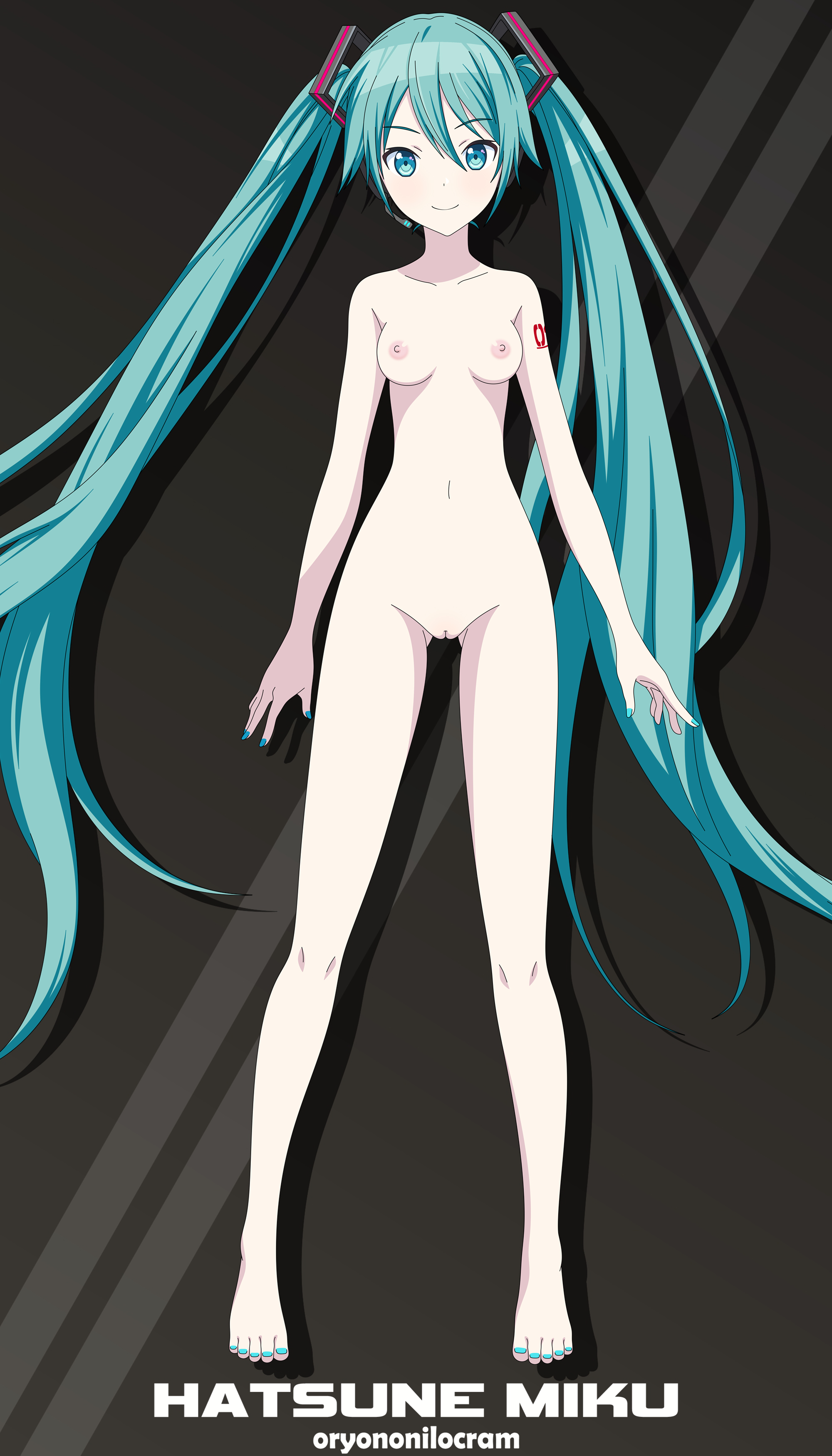 1girl, 1girls, accurate art style, accurate body type, aqua eyes, aqua hair, ass visible through thighs, barefoot, blue eyes, blue hair, boobs, breasts, character name, collarbone, completely nude, curvy, edit, edited, female, female only, full body, hair ornament, hatsune miku, high resolution, highres, long hair, looking at viewer, medium breasts, nail polish, naked, navel, nipples, nude, nude female, nude filter, number tattoo, oryononilocram, pussy, shaved pussy, simple background, small breasts, smile, solo, solo female, standing, tattoo, thigh gap, tits, toenail polish, toenails, toes, twintails, uncensored, vagina, very long hair, vocaloid