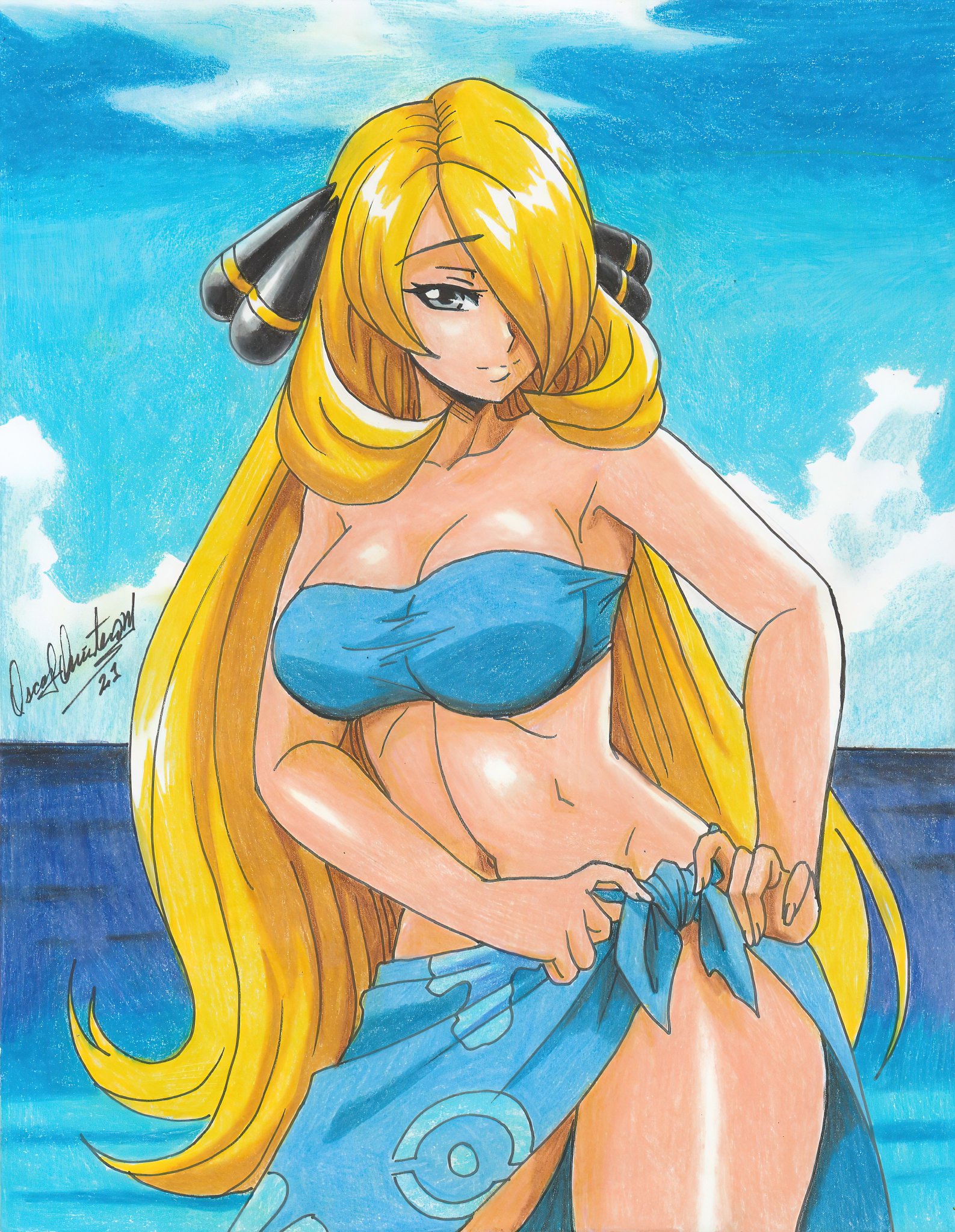 1girls, 2021, alternate breast size, bare midriff, beach, big breasts, blonde hair, breasts, champion, cleavage, clouds, cynthia (pokemon), female, female only, hair over one eye, huge breasts, long blonde hair, long hair, looking at viewer, no underwear, ocean, pencil (artwork), pokemon, ravern clouk, sea, solo, solo female, swimsuit, thick thighs, thighs, traditional media (artwork), water