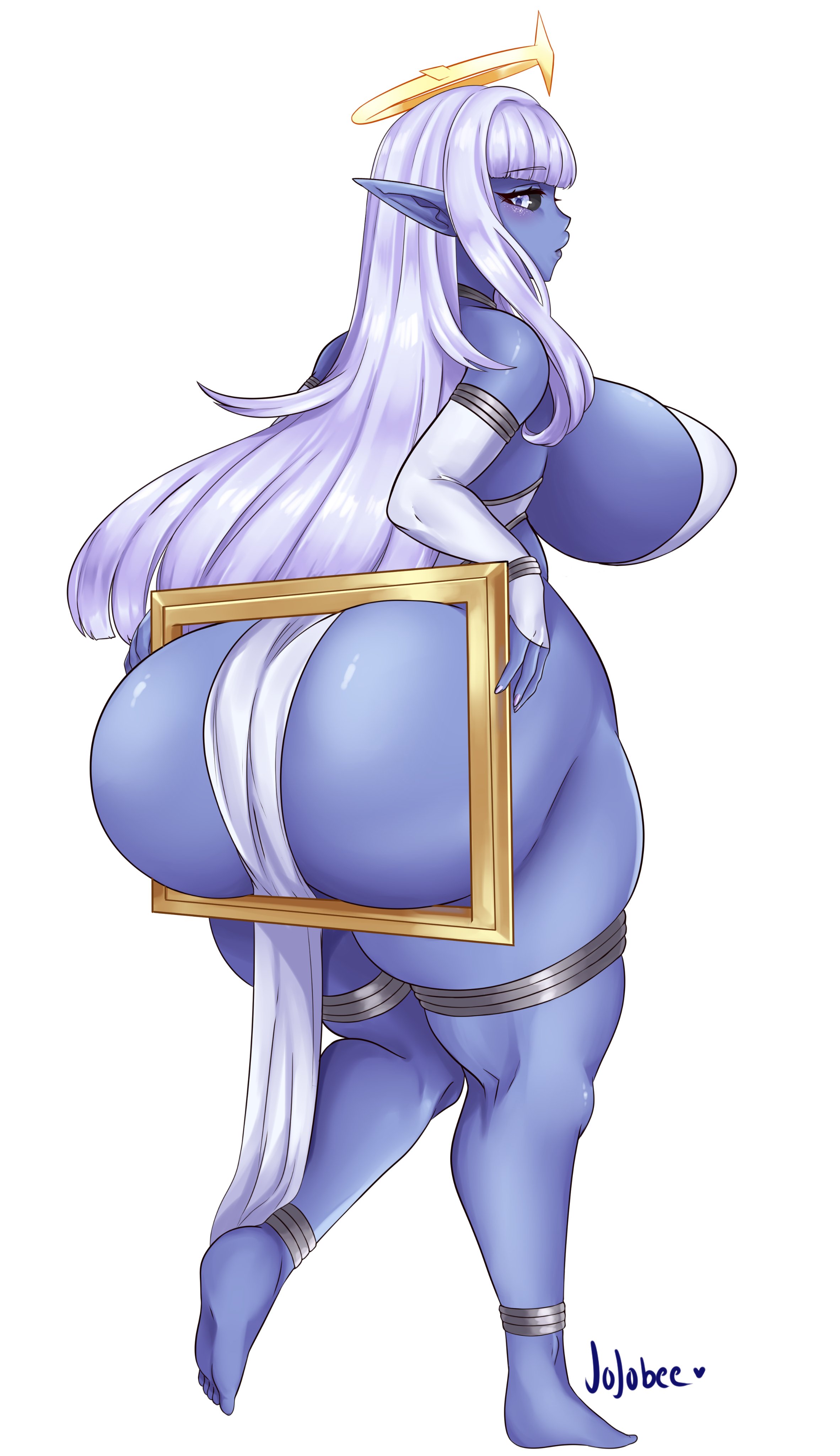 absurdres, anklet, ass, big ass, black sclera, blue eyes, blue skin, borrowed character, breasts, colored sclera, colored skin, commission, curvy, elbow gloves, eyebrows, eyebrows visible through hair, female, full body, gloves, halo, highres, hime cut, hoshiko (whitenova), huge ass, huge breasts, jewelry, jojoniumart, lips, loincloth, original, picture frame, pointy ears, signature, sparkle, thighlet, white gloves, white hair, white loincloth