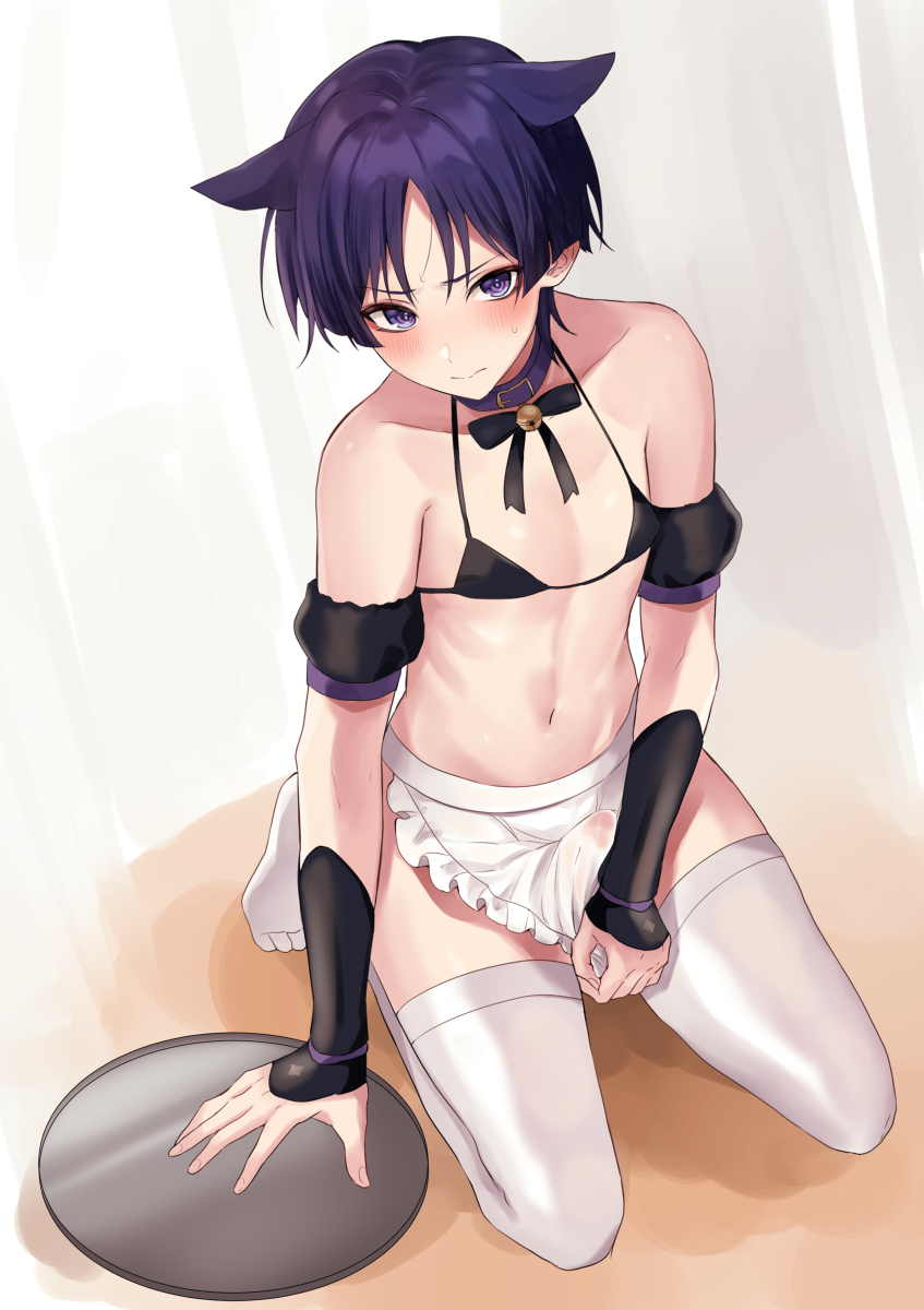 1boy, artist request, blush, blushing at viewer, bra, bulge, bulge through clothing, cat boy, cat ears, cat tail, catboy, crossdressing, embarrassed, erection, erection under clothes, femboy, genshin impact, looking at viewer, maid, male, male only, otoko no ko, plate, plate on ground, scaramouche (genshin impact), thick thighs, thighhighs, waiter