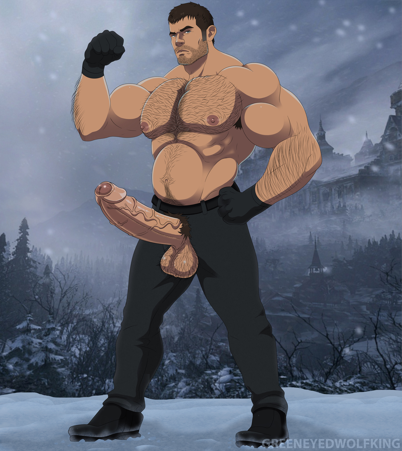 abs, armpit hair, armpits, bara, beard, belly, brown hair, chris redfield, clothed, clothing, flexing, flexing bicep, foreskin, gloves, greeneyedwolfking, hairy, hairy chest, hairy male, huge cock, looking at viewer, male, male only, musclegut, muscles, muscular, muscular male, partially retracted foreskin, penis, penis out, resident evil, resident evil 8: village, retracted foreskin, shirtless, snow, snowing, solo, solo male, uncircumcised, yaoi