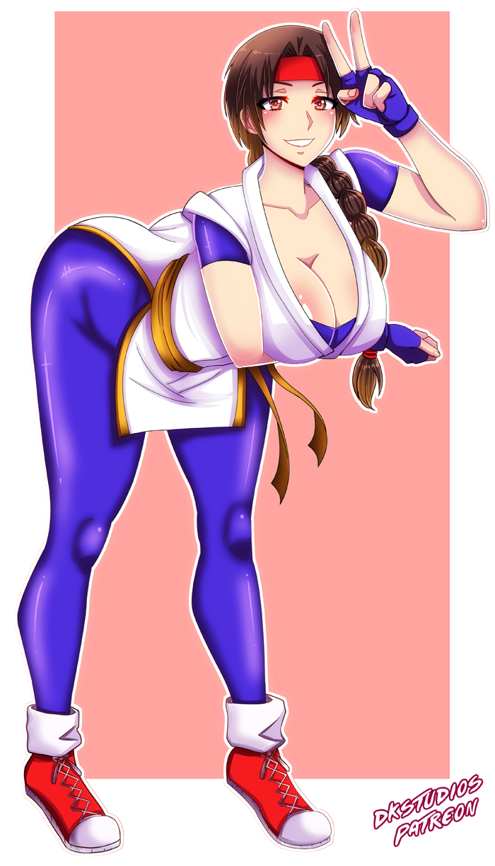 alternate_breast_size art_of_fighting ass big_breasts cleavage dkstudios05 huge_breasts king_of_fighters leaning_forward looking_at_viewer shoes sneakers snk tagme v yuri_sakazaki