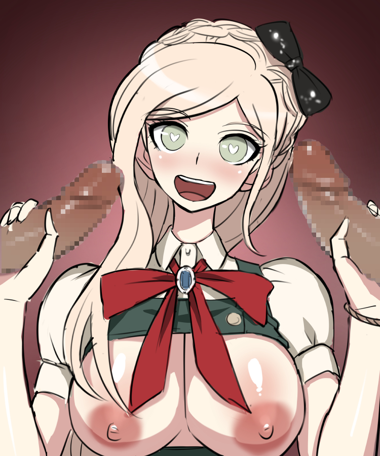 1girls 2boys akisora akizora bangs belt black_bow blonde_hair blush bow braid breasts censored collared_shirt commentary_request danganronpa danganronpa_2:_goodbye_despair dark-skinned_male dress erection female gem green_dress green_eyes hairbow handjob heart heart-shaped_pupils large_breasts long_hair mosaic_censoring multiple_boys nipples penis puffy_short_sleeves puffy_sleeves red_bow shirt short_sleeves simple_background sonia_nevermind straight_hair symbol-shaped_pupils upper_body