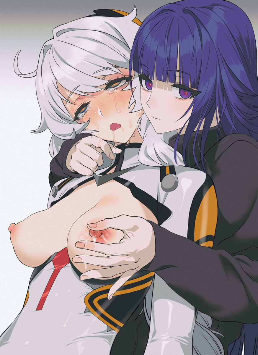 2girls big_breasts breast_milk breasts honkai_impact honkai_impact_3rd kiana_kaslana lactation milk milking nipple_tweak nipples pinching_nipples raiden_mei tagme tofu_crust yuri