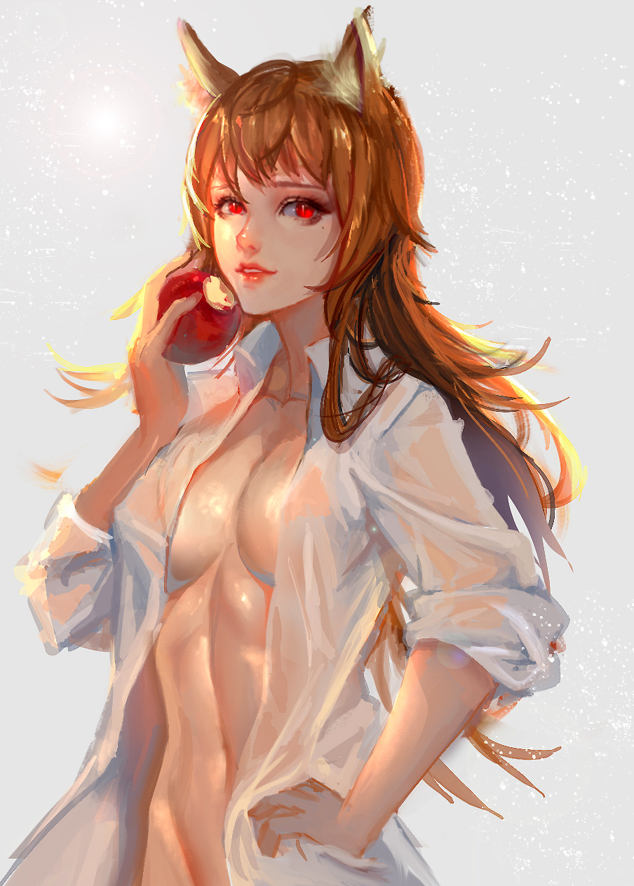 1girls animal_ears apple brown_hair cleavage clothing female female_only hand_on_hip holo kemonomimi medium_breasts open_shirt painting_(artwork) red_eyes sangrde solo spice_and_wolf wolf_ears wolf_girl