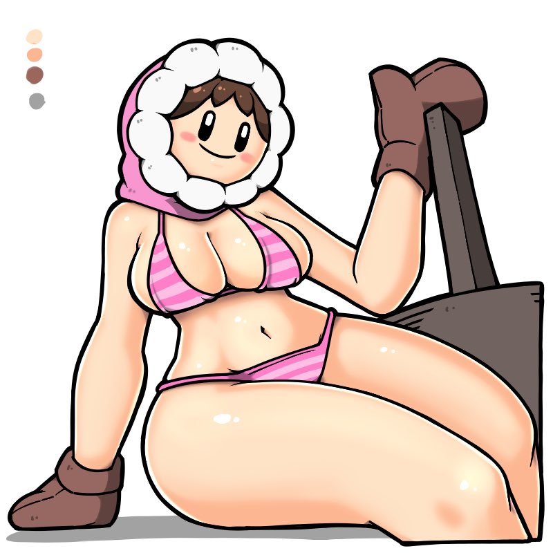 1girls alternate_body_type big_breasts big_thighs bikini black_eyes breasts brown_gloves brown_hair cleavage clothing female female_only gloves hammer hood ice_climber light-skinned_female light_skin mob_face nana_(ice_climber) nintendo no_nose omoitukan2 pink_bikini simple_face smile solo striped_bikini thick thick_hips thick_thighs voluptuous white_background wide_hips