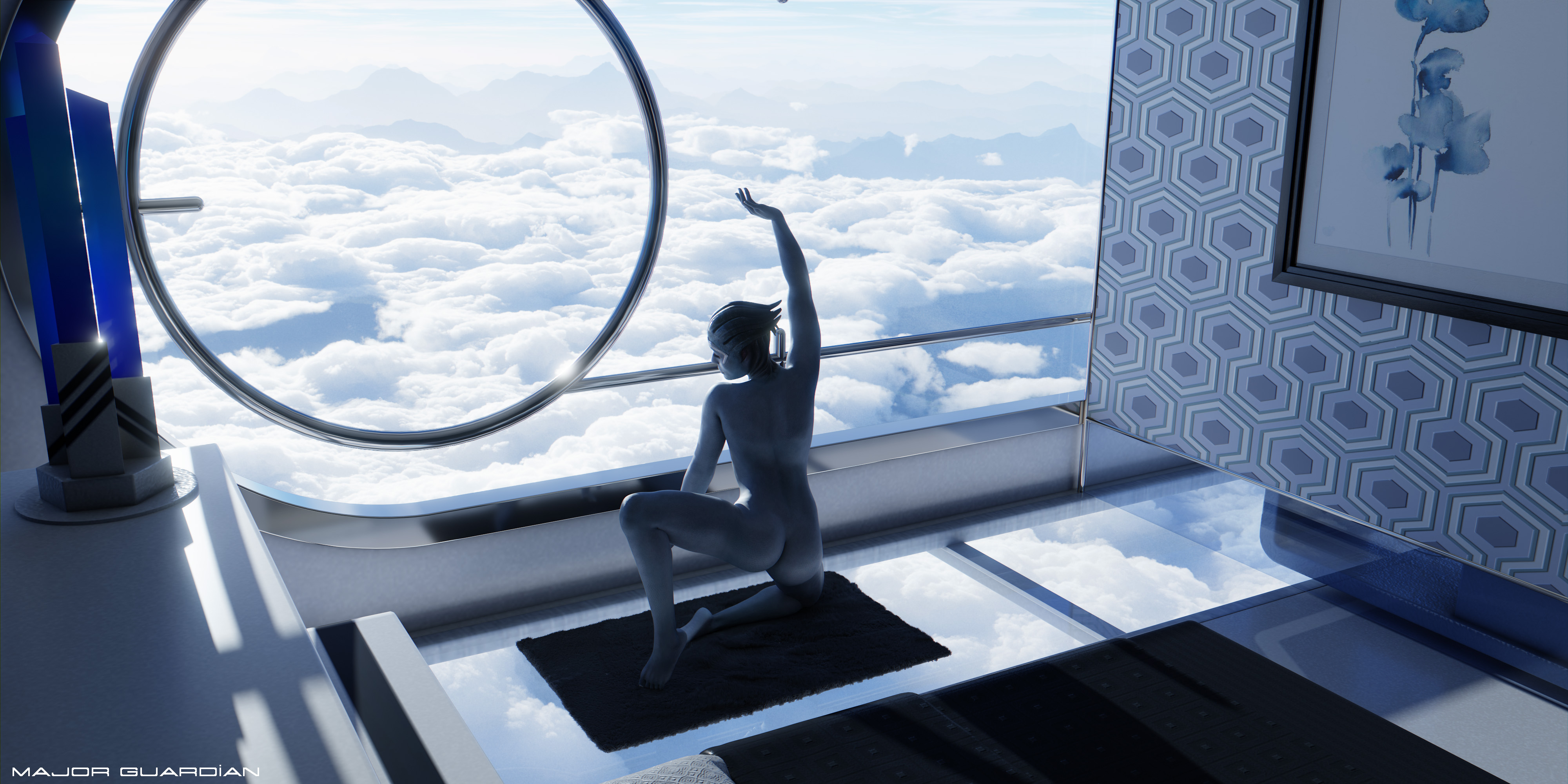 1girls, 3d, asari, ass, blue skin, cloudscape, female, female only, major guardian, mass effect, nude, nude female, samara, solo, window