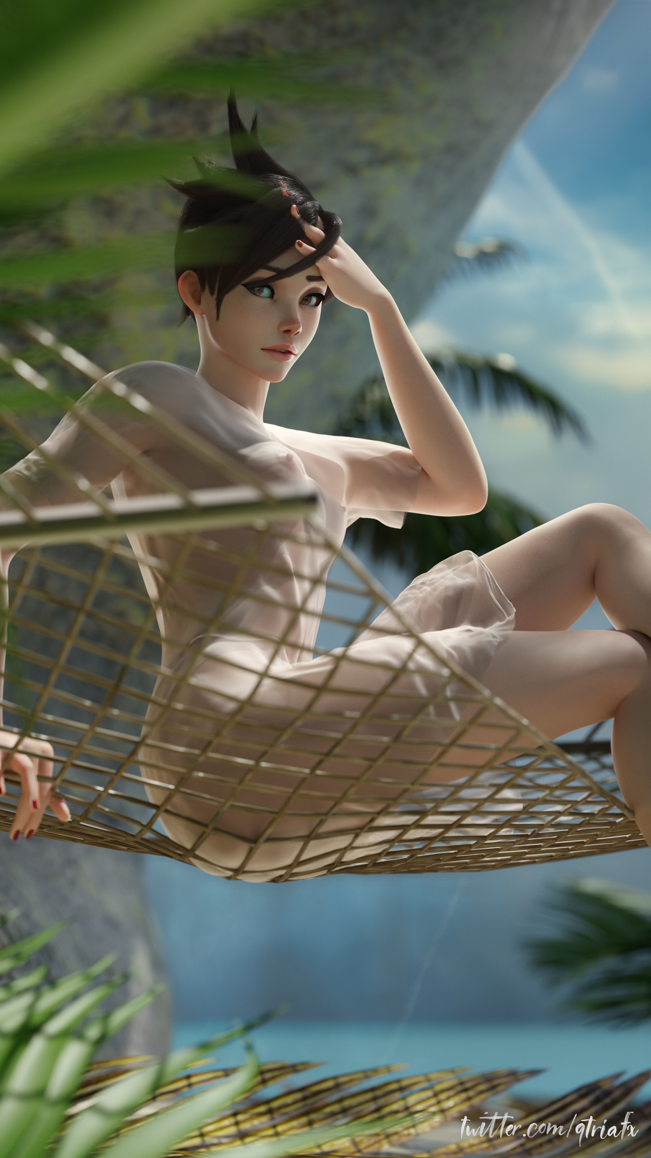 1girls, 3d, beach, blender, blouse, breasts, brown eyes, brown hair, cute, female, female only, freckles, hammock, hi res, human, lena oxton, light skin, light-skinned female, looking at viewer, medium breasts, nail polish, nipples, nipples visible through clothing, outdoors, outside, overwatch, pixie cut, qtria, see-through clothing, short hair, solo, tracer, wet clothes, wholesome, wide hips