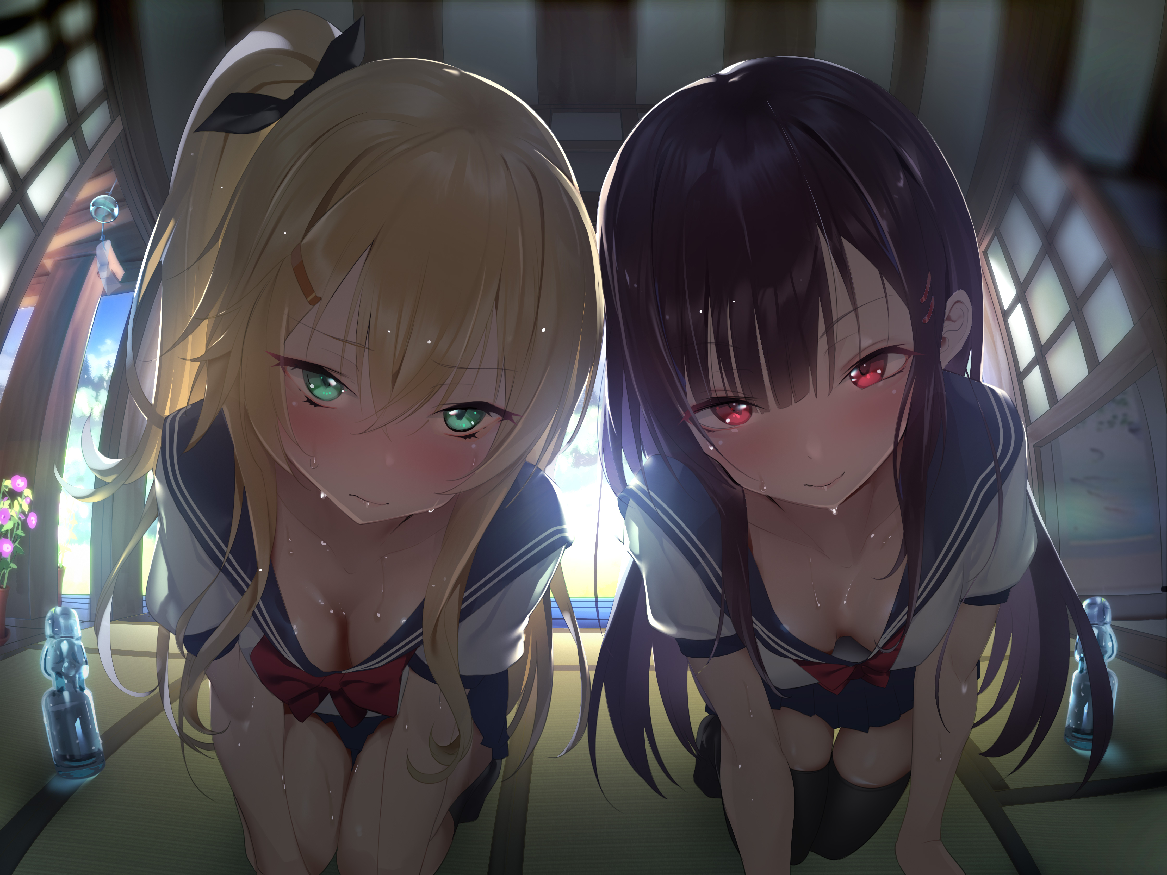 2girls, 4:3 aspect ratio, all fours, backlighting, black hair, black legwear, blonde hair, blush, bottle, breasts, cleavage, closed mouth, downblouse, female, fisheye, full cleavage, green eyes, hair between eyes, hair ornament, hairclip, high resolution, imminent rape, indoors, kaede (sayappa), kneeling, long hair, medium breasts, multiple females, multiple girls, no bra, non-web source, one side up, original, pov, red eyes, reverse rape, school uniform, serafuku, sidelocks, small breasts, smile, sweat, thighhighs, thighs, uniform, very high resolution