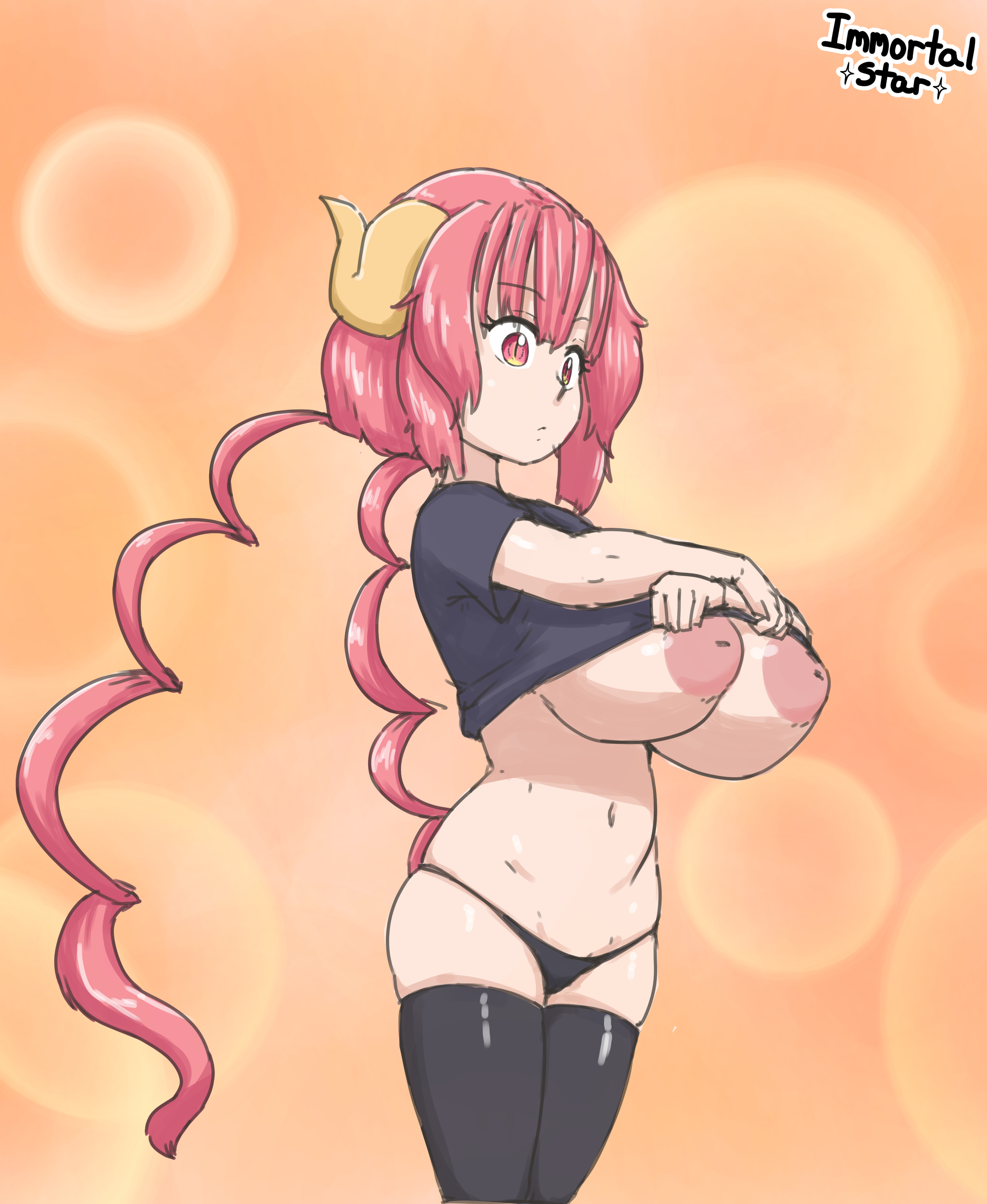 big breasts, breasts, female, ilulu (dragon maid), immortalstar, inverted nipples, miss kobayashi's dragon maid, solo, undressing