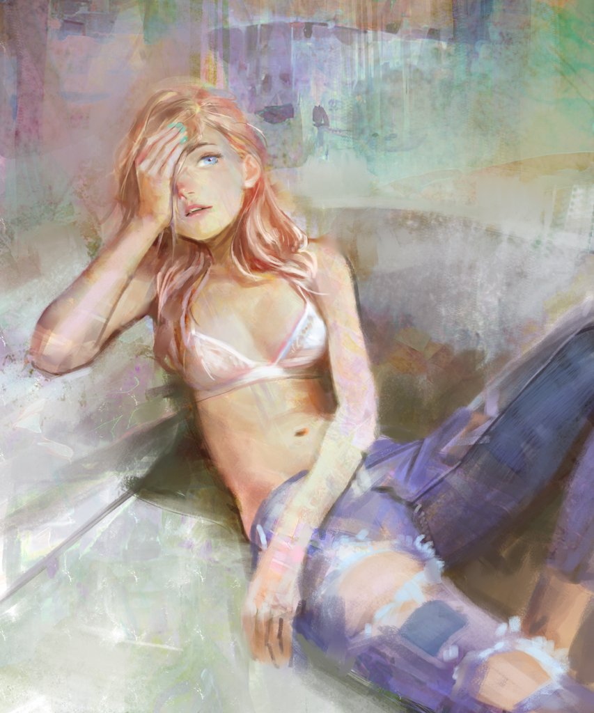 aqua_nails arm_across_waist blonde_hair blue_eyes bra breasts clothing covering_one_eye denim female fingernails hand_on_own_head hand_over_eye jeans lingerie long_hair looking_afar nababa nababa_(arata_yokoyama) nail_polish navel no_shirt one_arm_up original painting_(artwork) pants patch shirtless sitting small_breasts solo tagme torn_clothes torn_jeans torn_pants underwear white_bra white_underwear