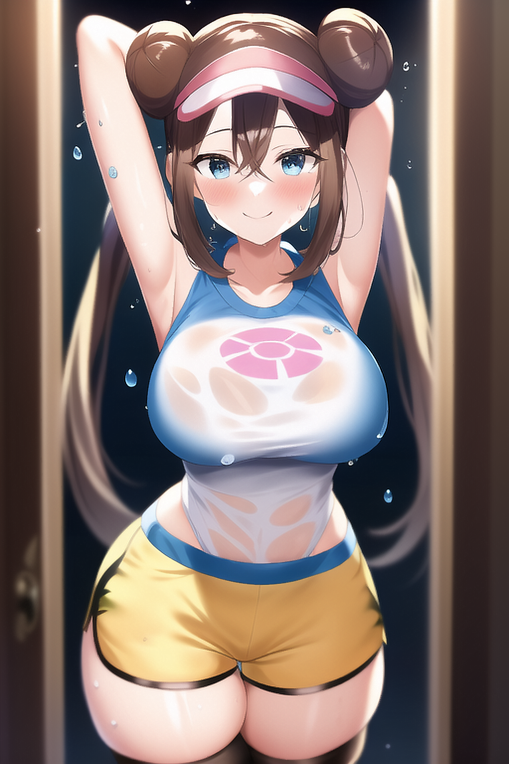 1girls ai_generated armpit_fetish armpits arms_behind_head arms_up blue_eyes blush booty_shorts breasts brown_hair female female_only game_freak hat hips large_breasts light-skinned_female light_skin long_hair looking_at_viewer nai_diffusion nintendo pokemon pokemon_bw2 rosa_(pokemon) short_shorts shorts slim_waist smile sport_shorts sportswear stable_diffusion sweat sweaty_body tank_top thick_thighs thighs twin_buns twintails voluptuous wide_hips