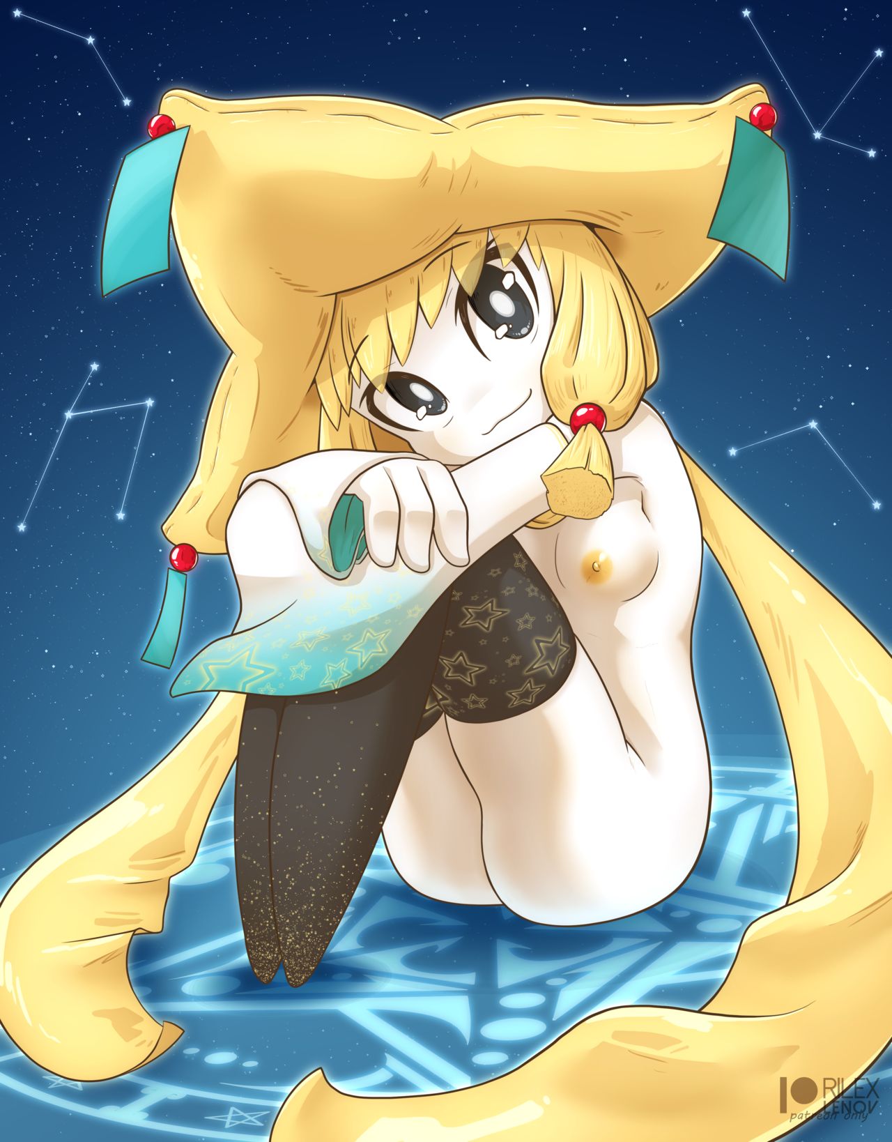 1girls, breasts, constellation, constellations, cute, cute eyes, female, female focus, female only, generation 3 pokemon, hat, jirachi, legendary pokemon, looking at viewer, naked, naked female, nude, nude female, pokémon (species), pokemon, pokemon (species), pokemon oras, pokemon rse, rilex lenov, scarf, sitting, small breasts, starry sky, tagme