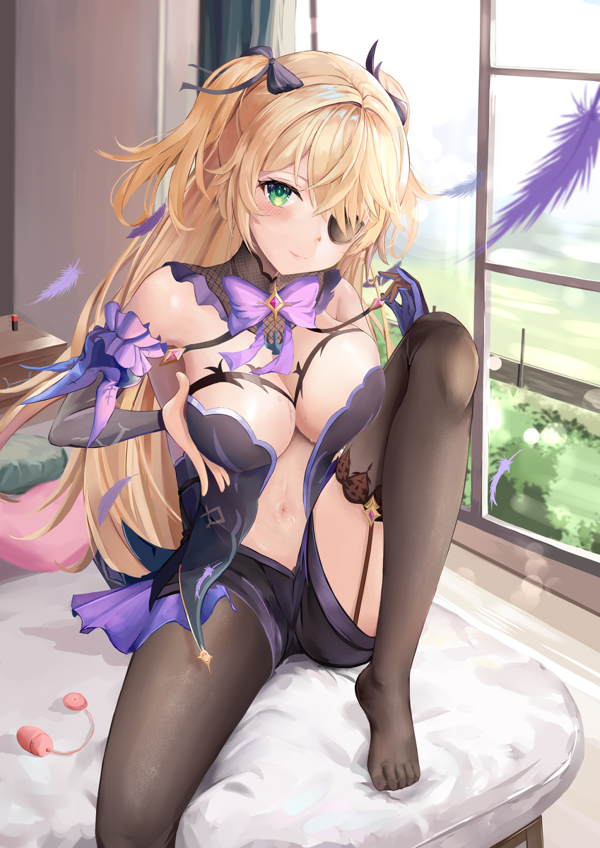 big breasts, blonde hair, breasts, cupping breasts, eyepatch, female, fischl (genshin impact), genshin impact, green eyes, pixiv id 16208053, thighhighs