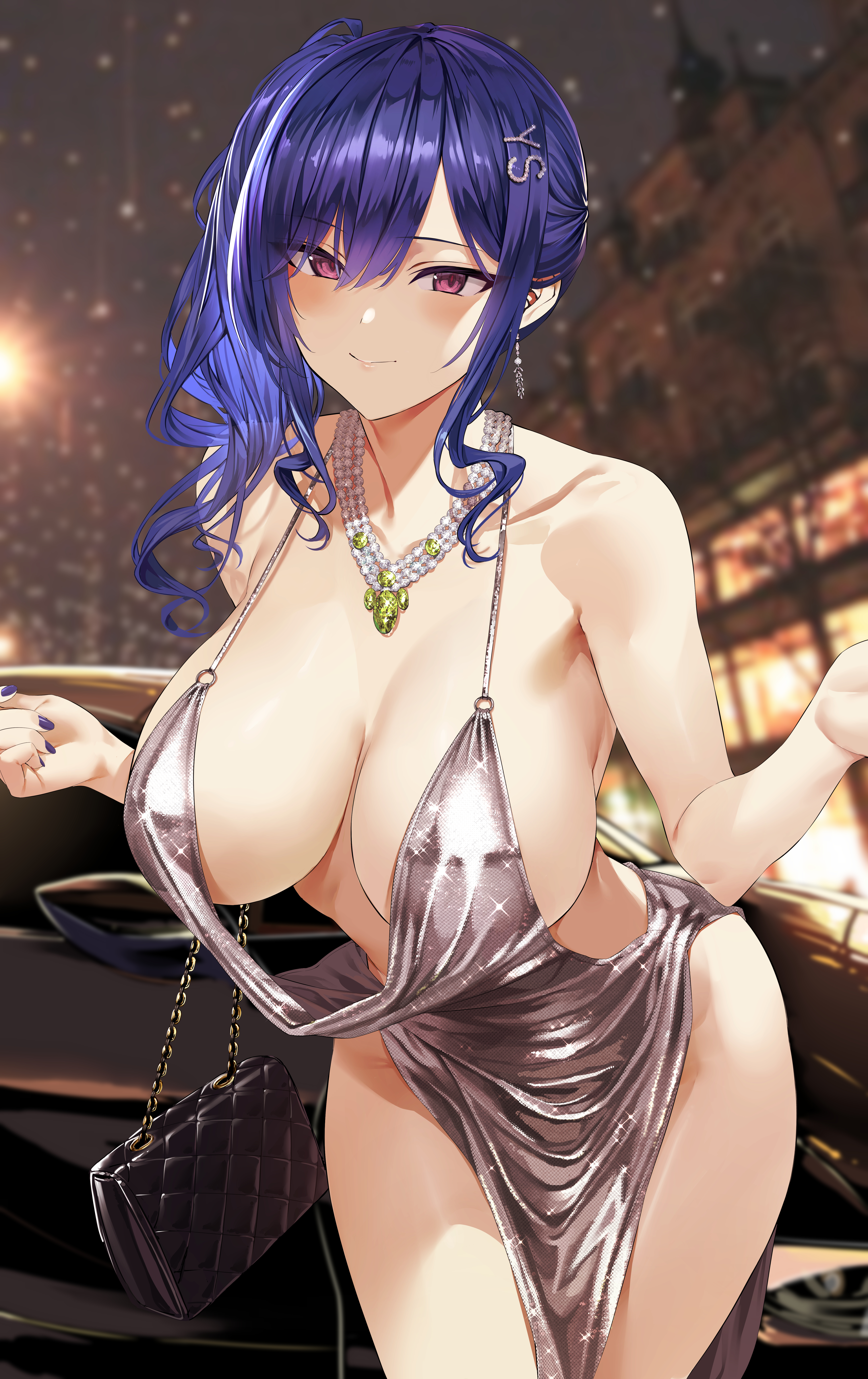 1girls, absurd res, alternate costume, asymmetrical hair, azur lane, backless outfit, bag, bangs, bare shoulders, blue hair, blush, breasts, center opening, clavicle, cleavage, closed mouth, cowboy shot, dress, earrings, evening gown, female, hair between eyes, hair ornament, halter dress, halterneck, handbag, hi res, hiiragi yuuichi, jewelry, large breasts, leaning forward, looking at viewer, necklace, open-back dress, plunging neckline, ponytail, purple eyes, revealing clothes, side ponytail, sidelocks, silver dress, simple background, smile, solo, st. louis (azur lane), st. louis (luxurious wheels) (azur lane), thighs, tied hair, undressing