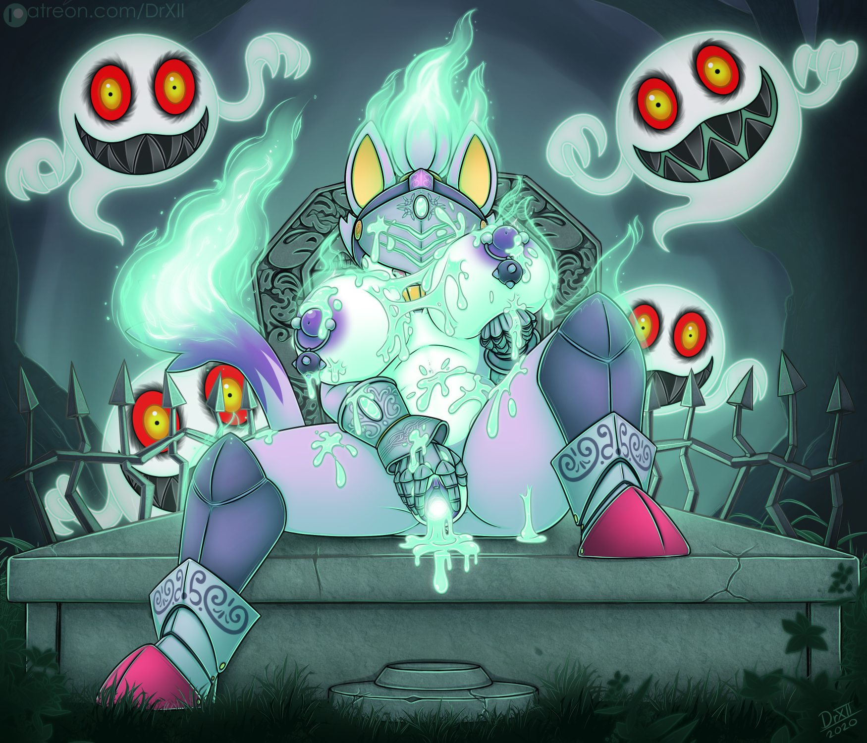 anthro, armor, big breasts, blaze the cat, bodily fluids, boo (sonic), breasts, bukkake, clothing, colored fire, cum, digital media (artwork), domestic cat, drxii, dullahan, felid, feline, felis, female, fire, fur, genital fluids, genitals, ghost, gloves, glowing, glowing genitalia, grave, green fire, hair, halloween, handwear, hi res, holidays, huge breasts, knight, licking, licking lips, mammal, nipple piercing, nipples, nude, outside, piercing, plant, purple body, purple fur, pussy, sega, sir percival (sonic and the black knight), solo, sonic (series), sonic and the black knight, sonic storybook series, sonic the hedgehog (series), spirit, spread legs, spread pussy, spreading, tombstone, tongue, tongue out, warrior