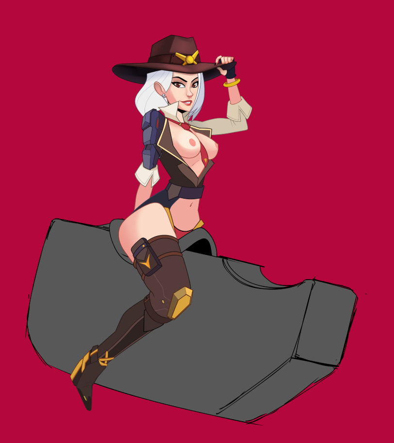 1girls 2d ashe_(overwatch) blizzard_entertainment breasts casual clothing color colored female female_only footwear handwear headwear human legwear machine mechanical_bull moikaloop nipples overwatch pale_skin sketch video_games