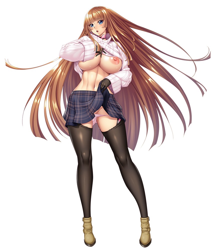 big_breasts blue_eyes boots brown_hair koukawa_asuka leggings long_hair pullover skirt skirt_lift taimanin_(series) taimanin_asagi underwear wet