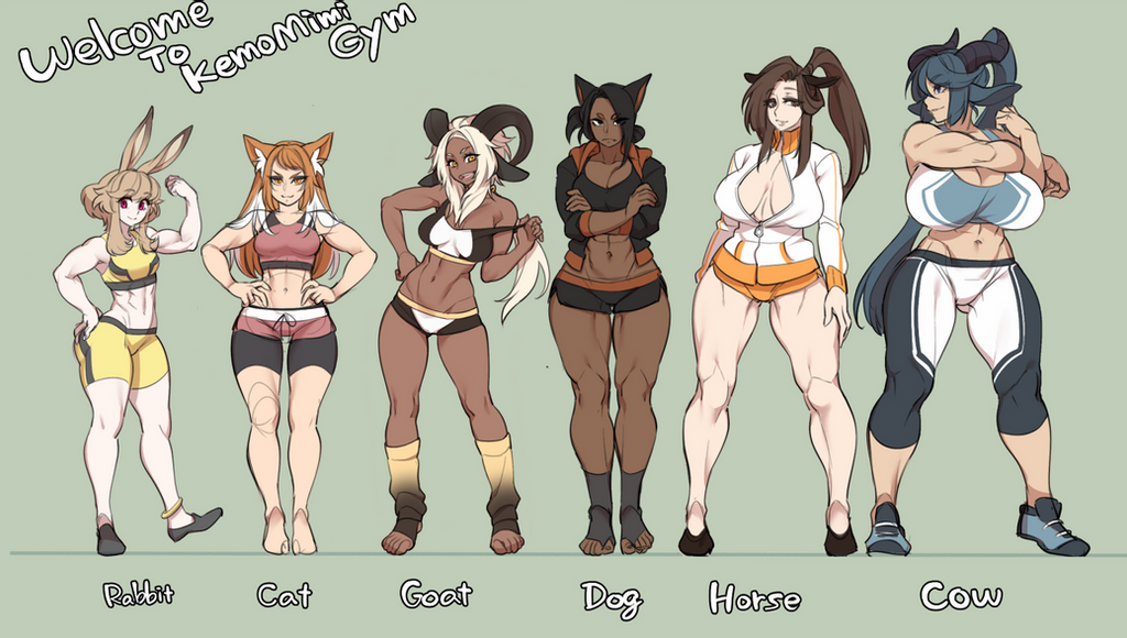 5 fingers, 5 toes, 6+girls, 6girls, abs, animal ears, animal humanoid, anklet, athletic, big breasts, bike shorts, bovine humanoid, breasts, canine humanoid, cat, cat girl, catgirl, cow, dog, dog girl, dog humanoid, feline humanoid, female, goat, hooves, horns, horse, horse humanoid, kemonomimi, lagomorph humanoid, large breasts, monster girl, multiple females, multiple girls, rabbit, rabbit humanoid, ryo agawa, small breasts, spats, sports bra, tomboy