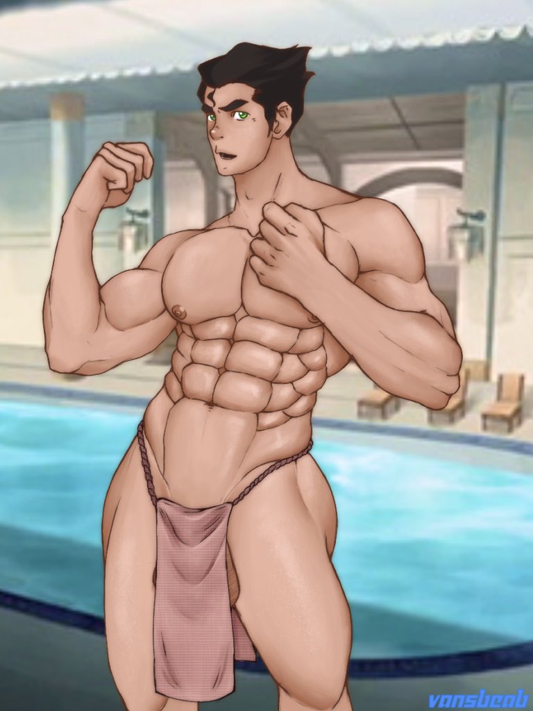 1boy artist_name avatar_the_last_airbender bara big_breasts big_muscles bolin clothing male male_only muscles muscular muscular_male nickelodeon nipples pool poolside smooth_skin solo solo_focus solo_male the_legend_of_korra vansbeab