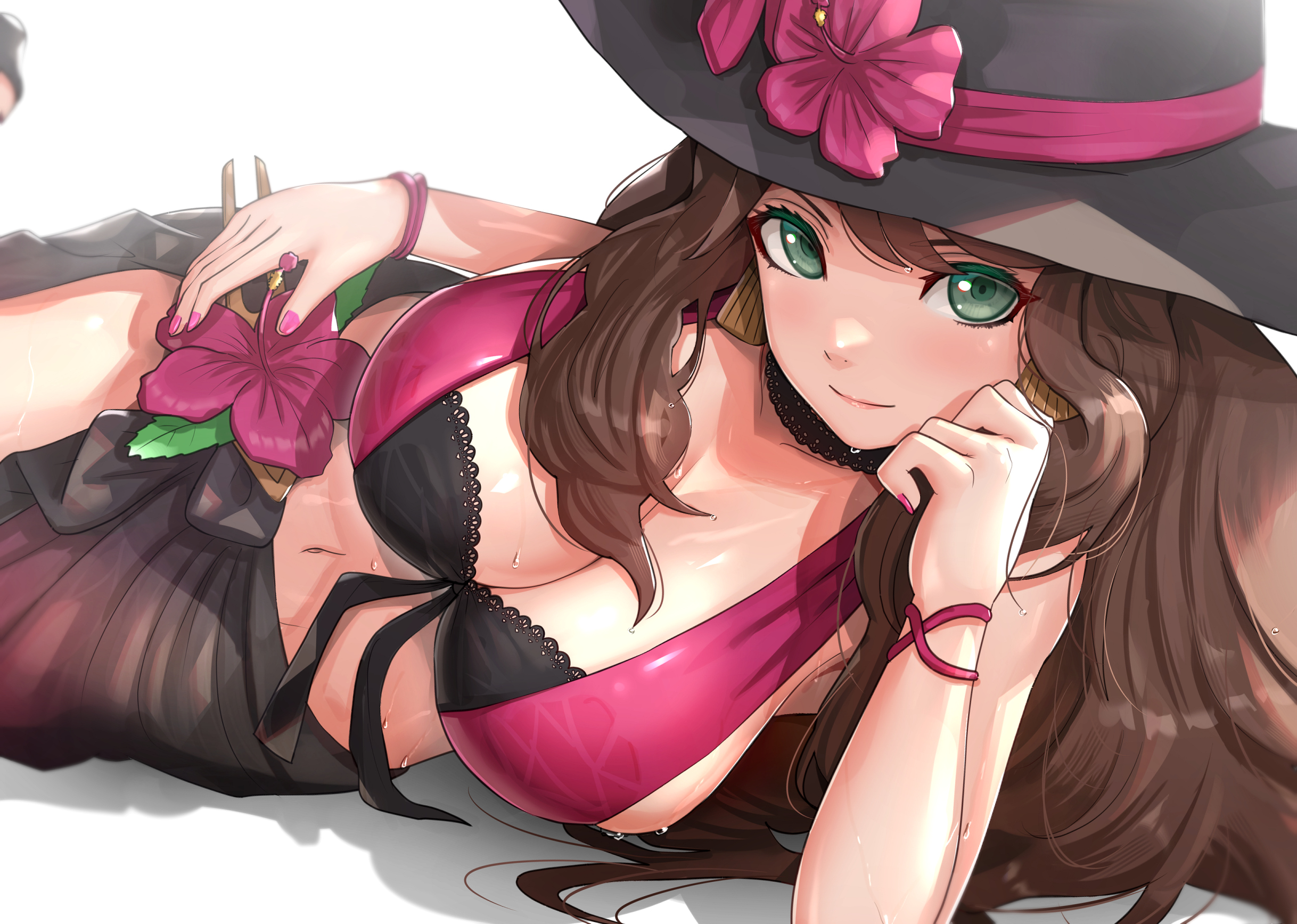 1girls, alternate costume, bangs, bikini, black headwear, bracelet, breasts, brown hair, choker, cleavage, closed mouth, dorothea arnault, dorothea arnault (summer), earrings, elbow rest, female, fire emblem, fire emblem heroes, fire emblem: three houses, flower, gonzarez, green eyes, hat, hat flower, hibiscus, highres, jewelry, large breasts, long hair, looking at viewer, lying, nail polish, navel, nintendo, official alternate costume, on side, pink nails, pose, sarong, sideboob, smile, solo, sun hat, swimsuit, two-tone bikini, water drop, wet, white background