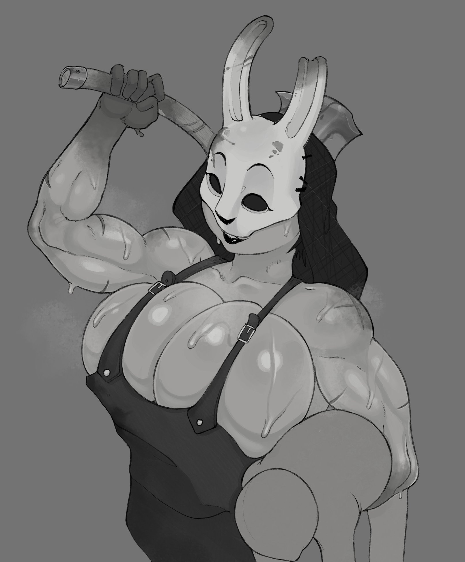 1girls, 2d, algo original, axe, big breasts, black hair, breasts, bunny mask, carrying, dbd, dead by daylight, female, female only, greyscale, huntress, huntress (dead by daylight), long hair, scars, solo, sweat, sweater, sweaty body, tagme, voluptuous