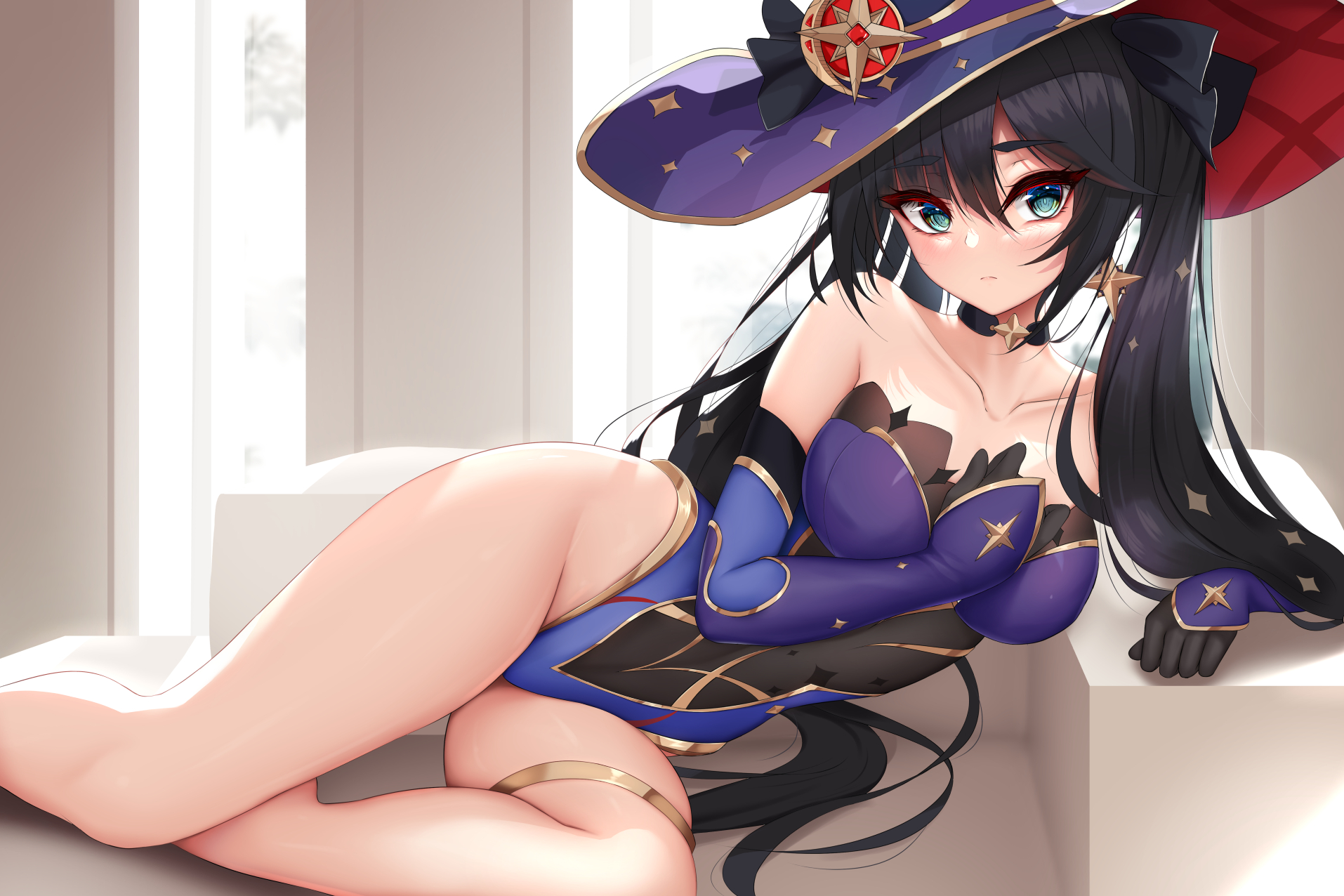 1girls, black hair, blue eyes, collarbone, damao yu, female, female only, genshin impact, gloves, hat, leotard, long hair, looking at viewer, mona (genshin impact), solo, solo female, thick thighs, thighs, twintails