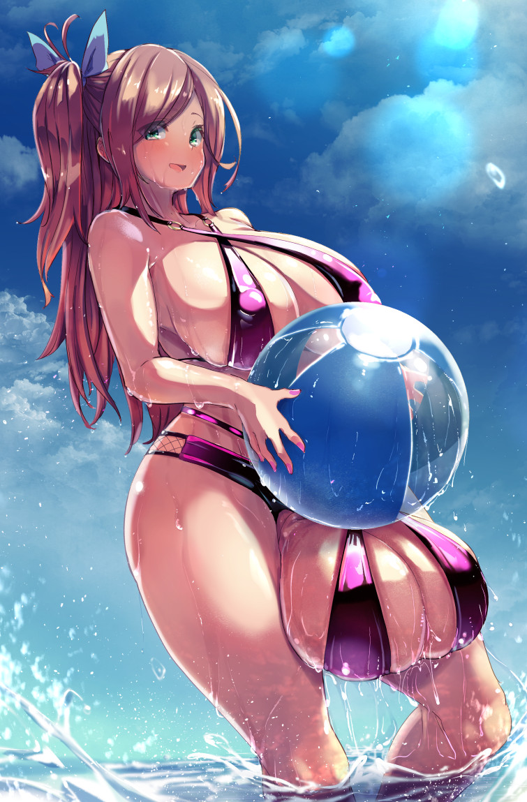 1futa balls beach_ball big_breasts big_penis bikini bow breasts brown_hair calpish clothed clothing erection futa_only futanari hair_ornament hiding_erection huge_balls huge_breasts human hyper hyper_balls light-skinned_futanari light_skin long_hair looking_at_viewer mostly_nude oversized_balls pale_skin penis ribbon solo standing thick_thighs twintails water wet wide_hips