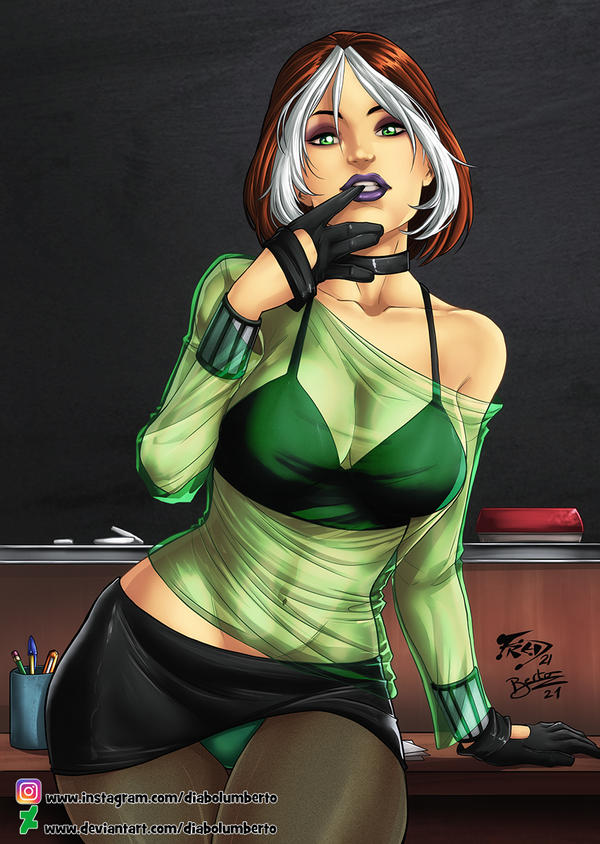 1girls anna_marie bracelet brown_hair cedric_humbert choker cleavage ed_benes_studio female female_only fred_benes glove_in_mouth gloves goth green_eyes hourglass_figure large_breasts marvel marvel_comics miniskirt multicolored_hair rogue_(evolution) rogue_(x-men) see-through_top short_hair solo stockings tank_top upskirt voluptuous white_hair x-men x-men_evolution