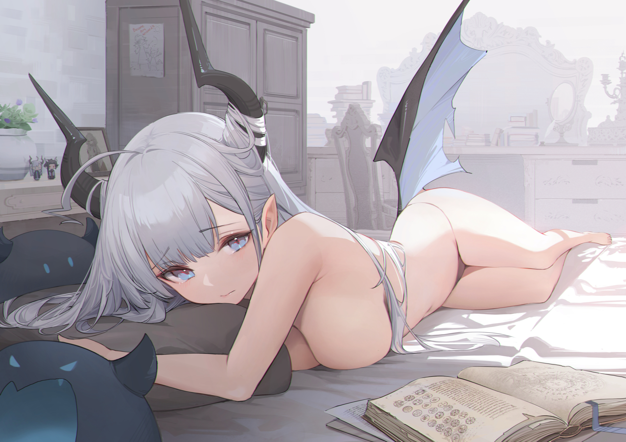big breasts, blue eyes, blush, breasts, demon, demon girl, demon horns, demon wings, female, horns, midriff, navel, nekojira, original, original character, panties, pointy ears, thick thighs, thighs, white hair, wings