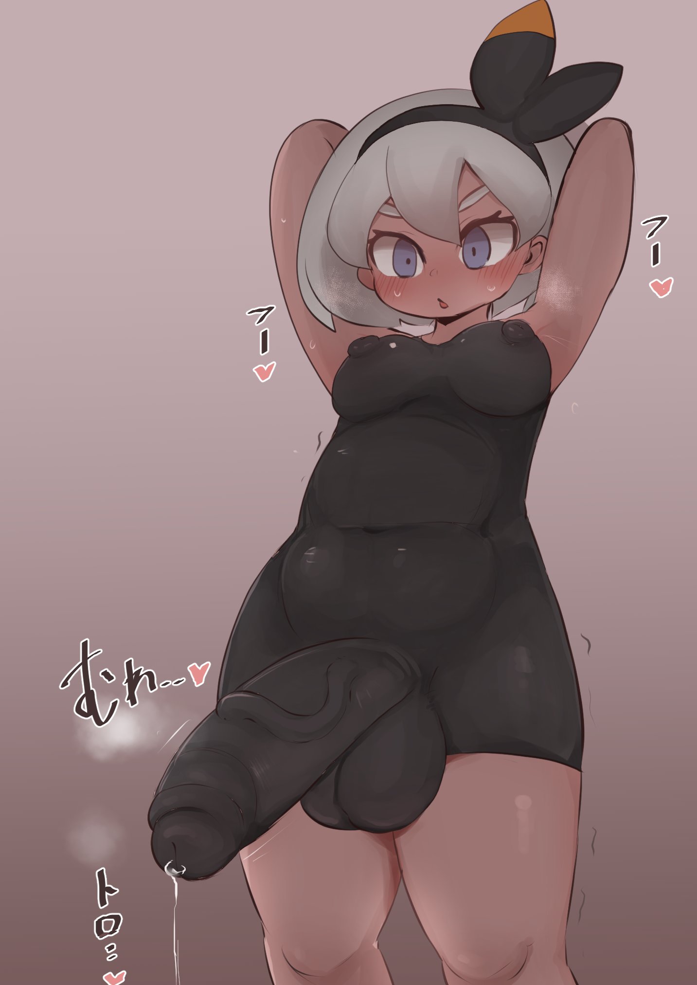 1futa, armpits, arms behind head, arms up, balls, bea (pokemon), big balls, big penis, blush, bodysuit, breasts, clothed, clothing, dark skin, dark-skinned futa, fully clothed, futa only, futanari, grey hair, hair ribbon, heavy breathing, huge cock, human, intersex, large penis, leotard, nintendo, nipple bulge, penis, pokemon, pokemon ss, precum, short hair, solo, standing, testicles, thighs, uncensored, zkky